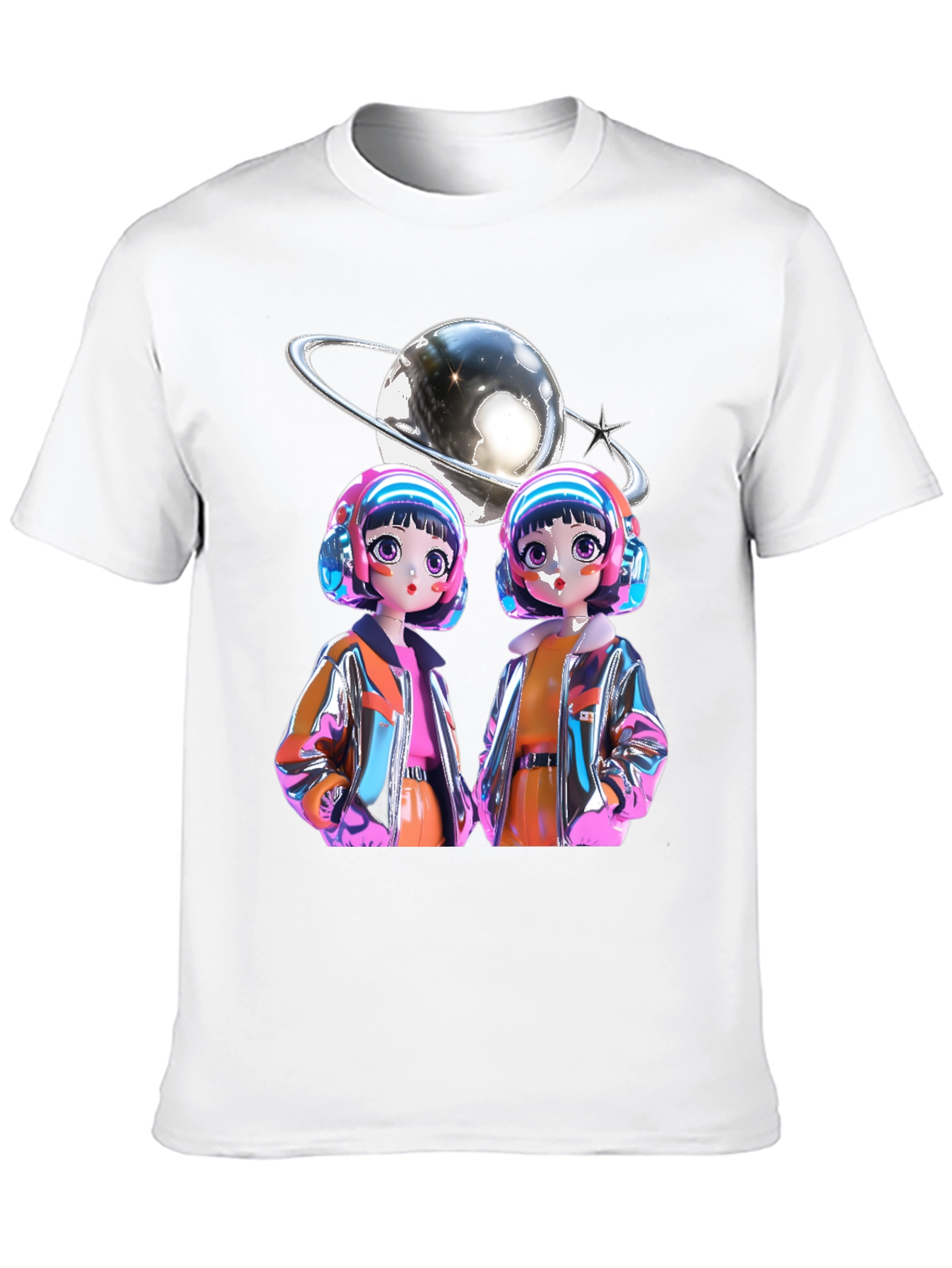 Black Retro Anime Twins Graphic Tee - Black Cotton T-Shirt view 10