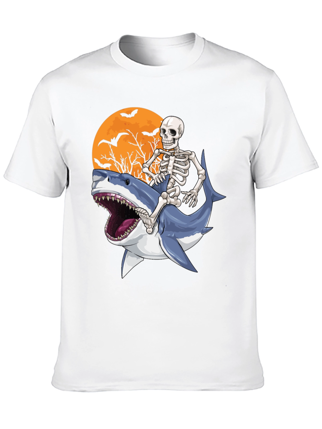 Black Skeleton Riding Shark Graphic T-Shirt - Halloween Style view 10