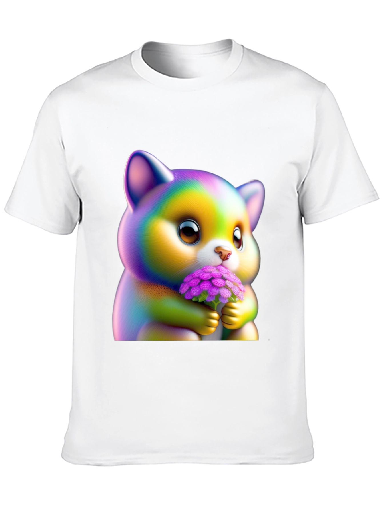 Black Cute Rainbow Kitten Holding Flowers Graphic Tee view 10
