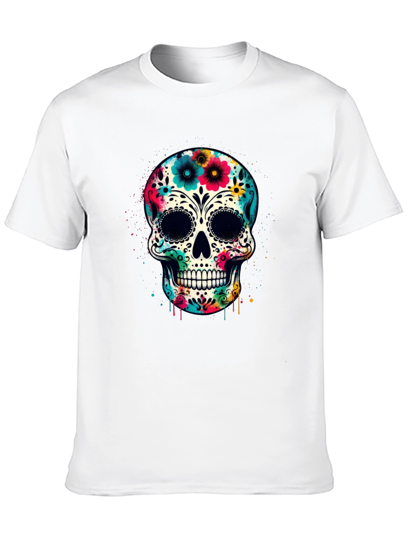 Black Floral Sugar Skull Graphic Tee - Day of the Dead Style view 10