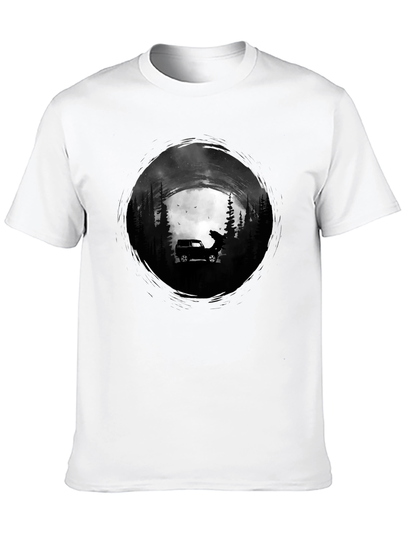 Black Men's Black T-Shirt with Car and Wolf Design view 10