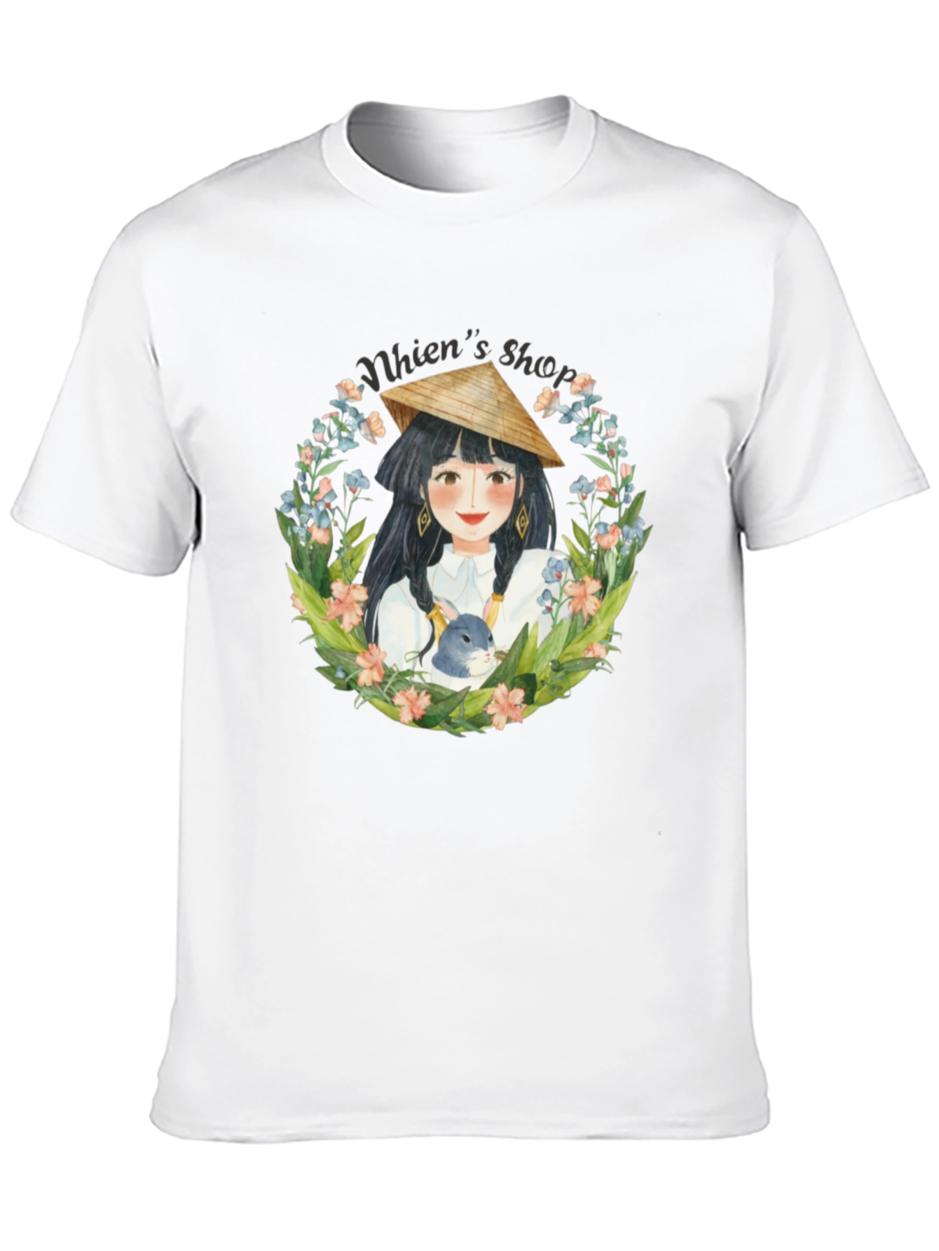 Black Whimsical Girl with Rabbit Black T-Shirt view 10