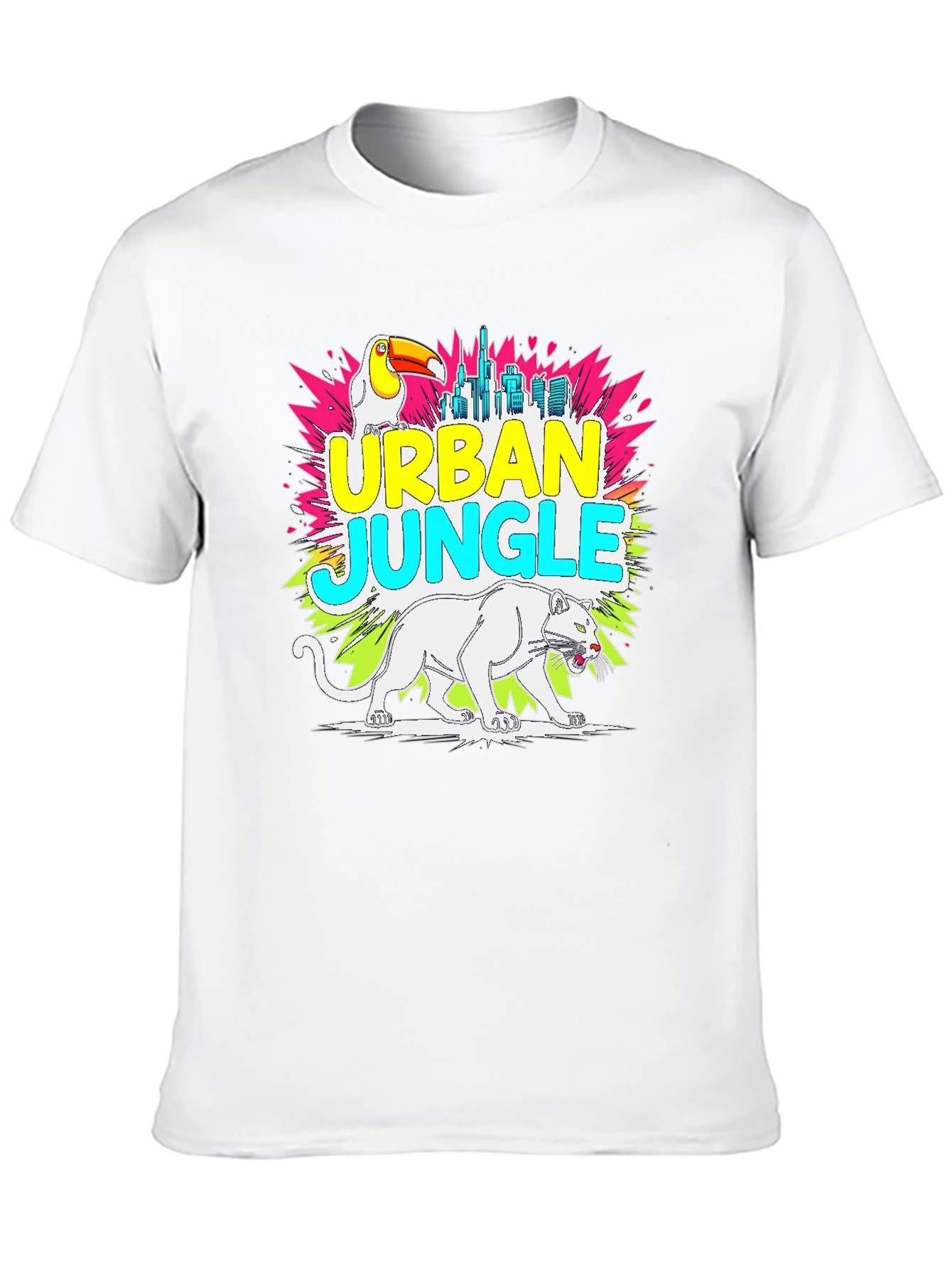 Black Urban Jungle Graphic Tee - Toucan, Panther, Cityscape view 10