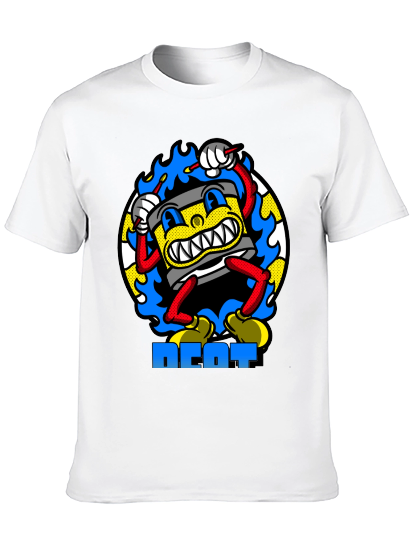 Black Retro Cartoon Drum Beat T-Shirt - Black Cotton view 10