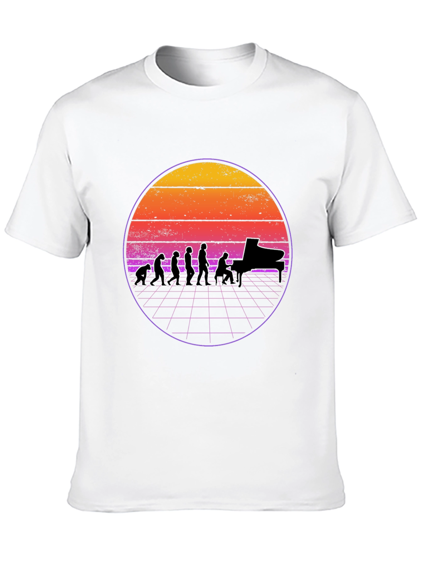 Black Piano Evolution T-Shirt - Retro Sunset Design view 10
