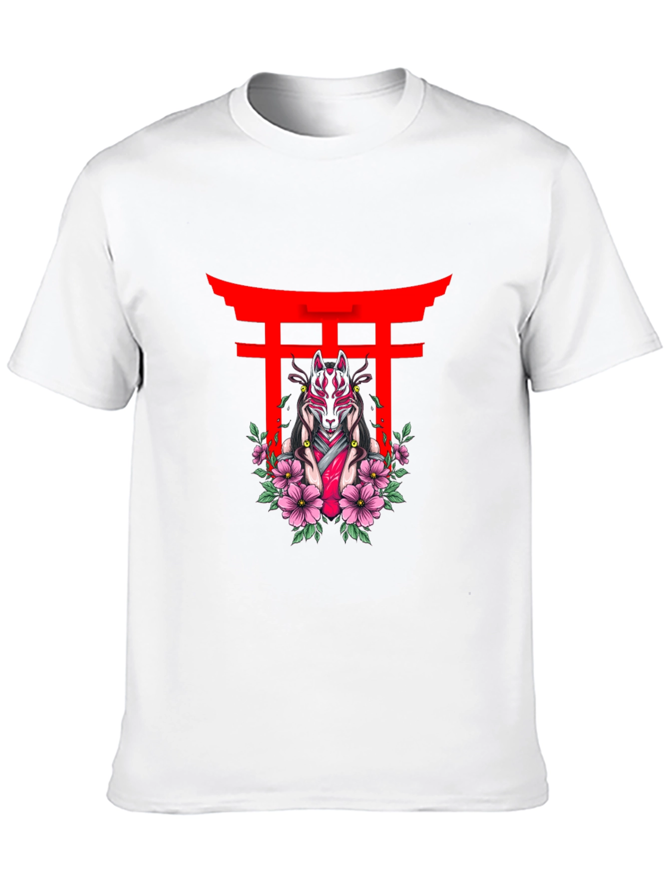 Black Black T-Shirt with Japanese Fox Mask Design view 10