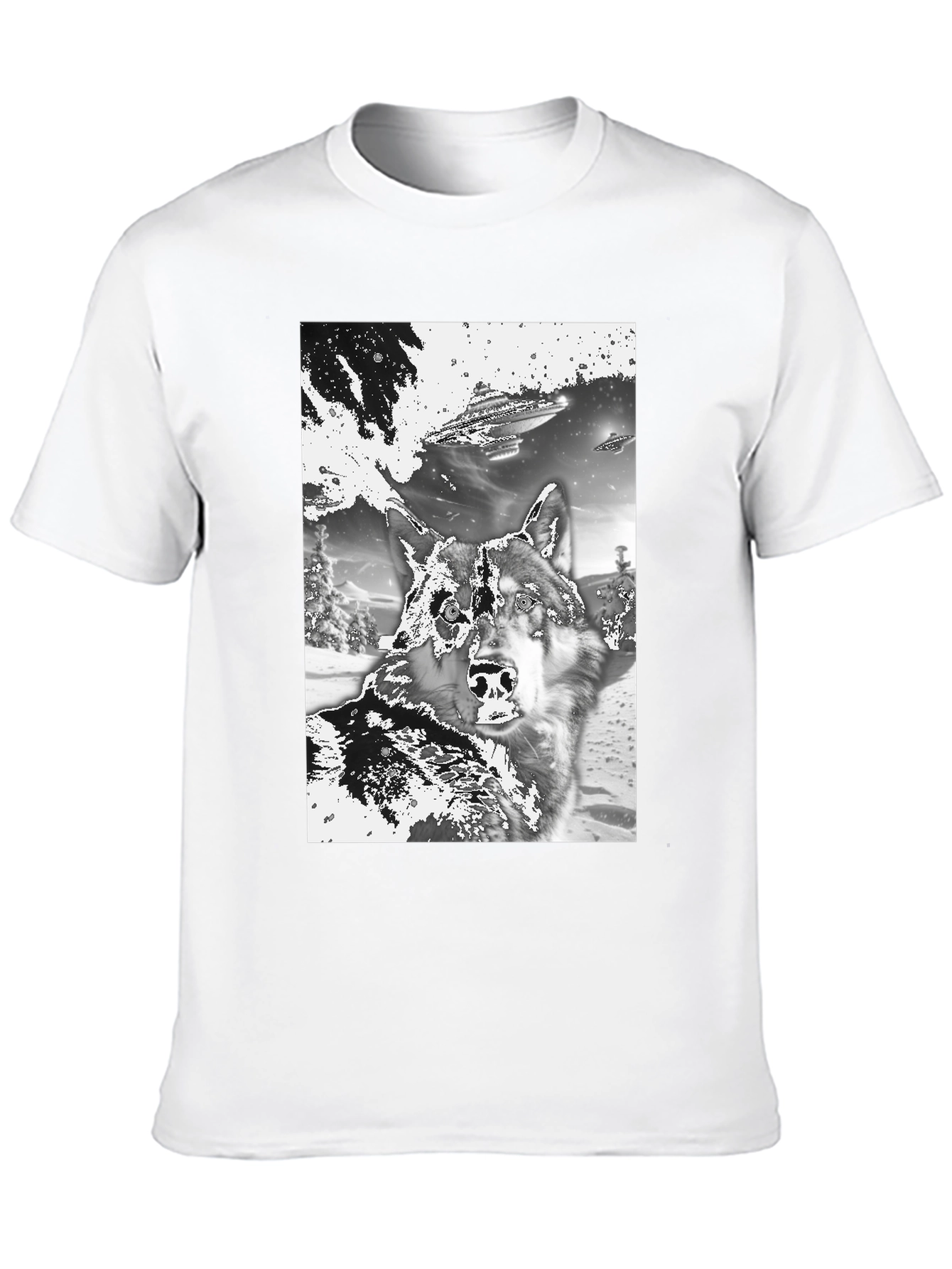 Black Wolf & UFO Graphic T-Shirt - Black Crew Neck Tee view 10