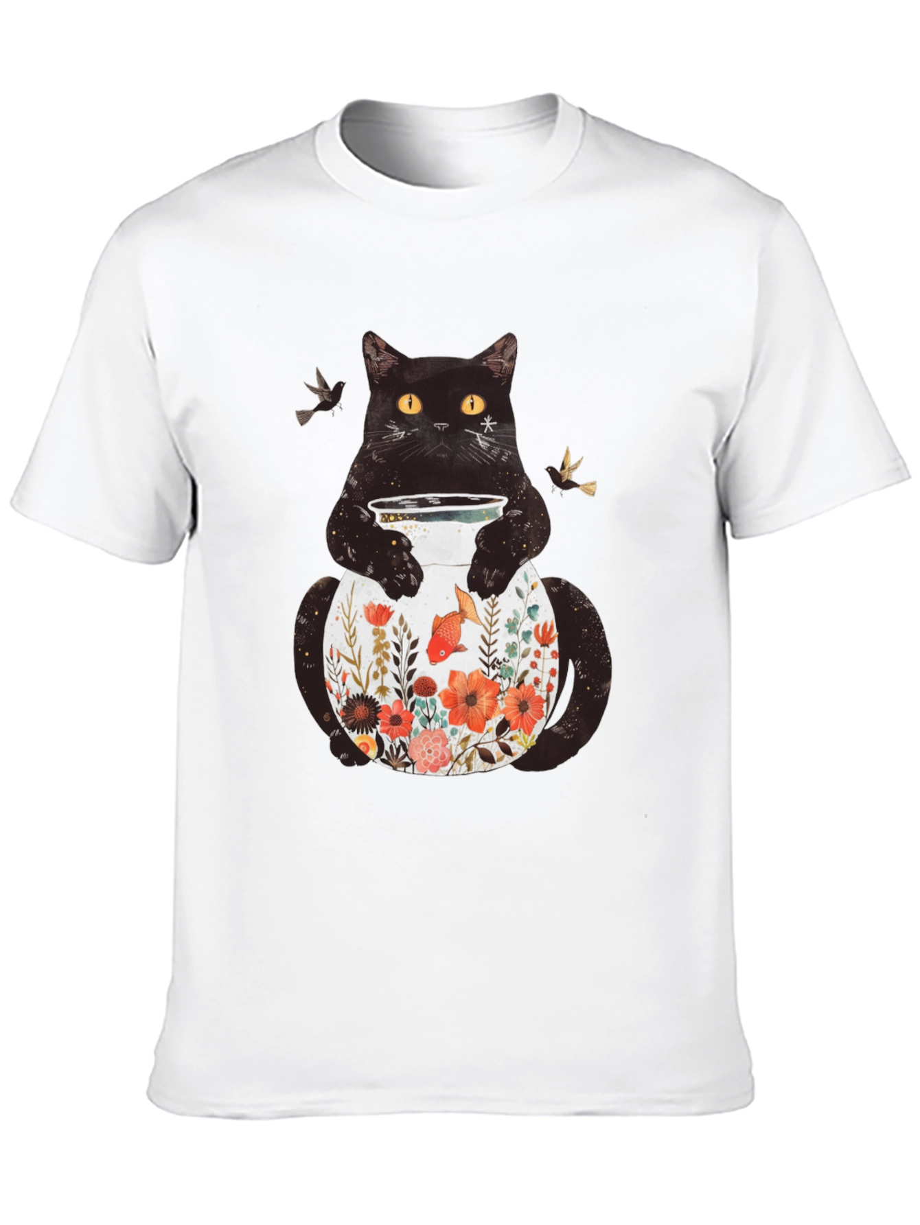Black Floral Cat Graphic T-Shirt - Unique Animal Design view 10