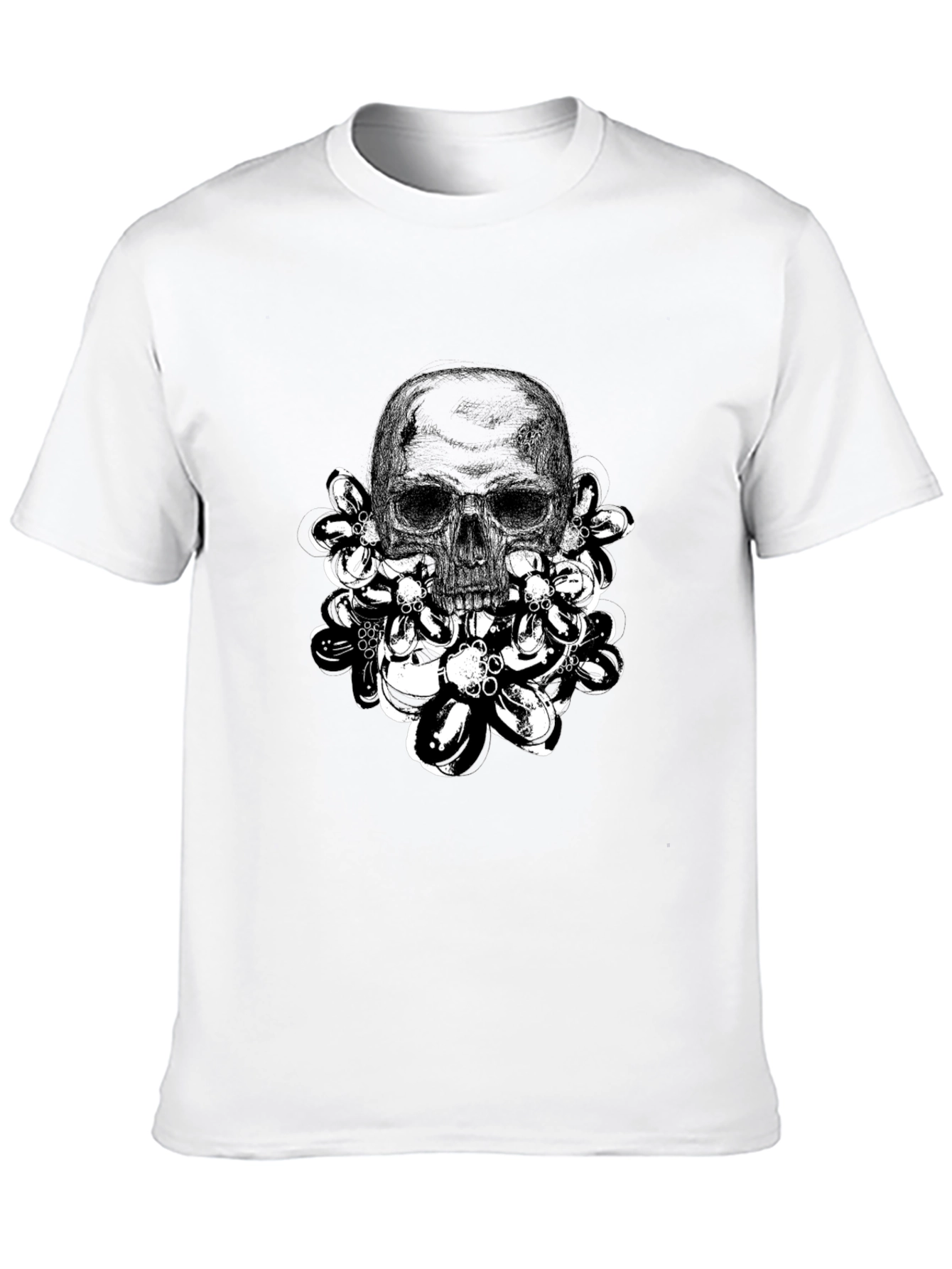 Black Skull & Flowers Graphic Tee - Edgy Black Cotton T-Shirt view 10