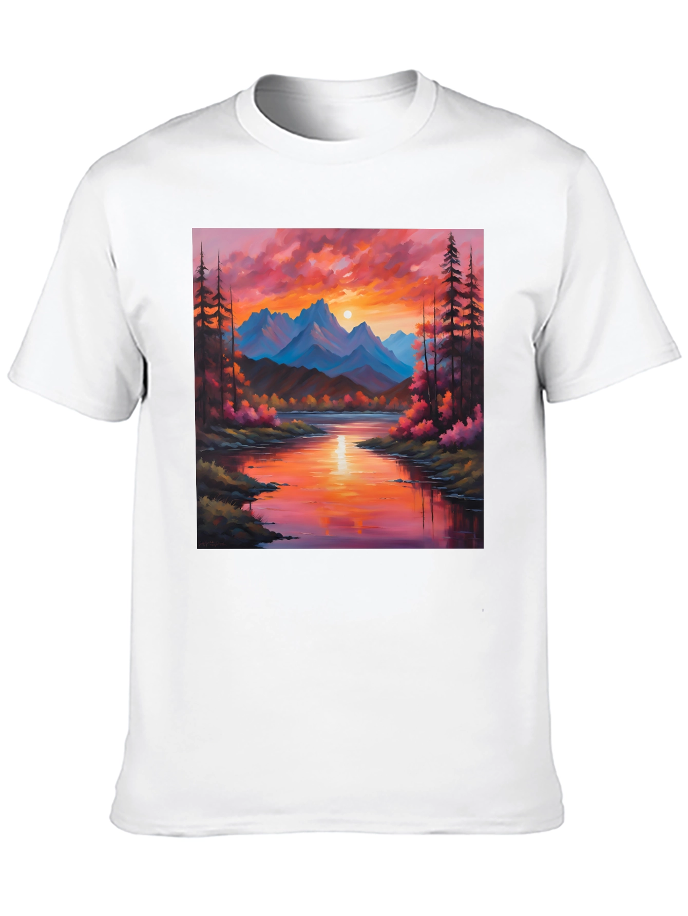 Black Sunset Mountain River Painting Graphic Tee view 10