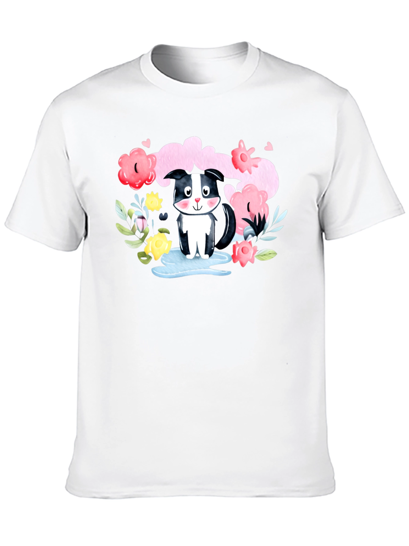 Black Cute Skunk in Watercolor Floral T-Shirt view 10