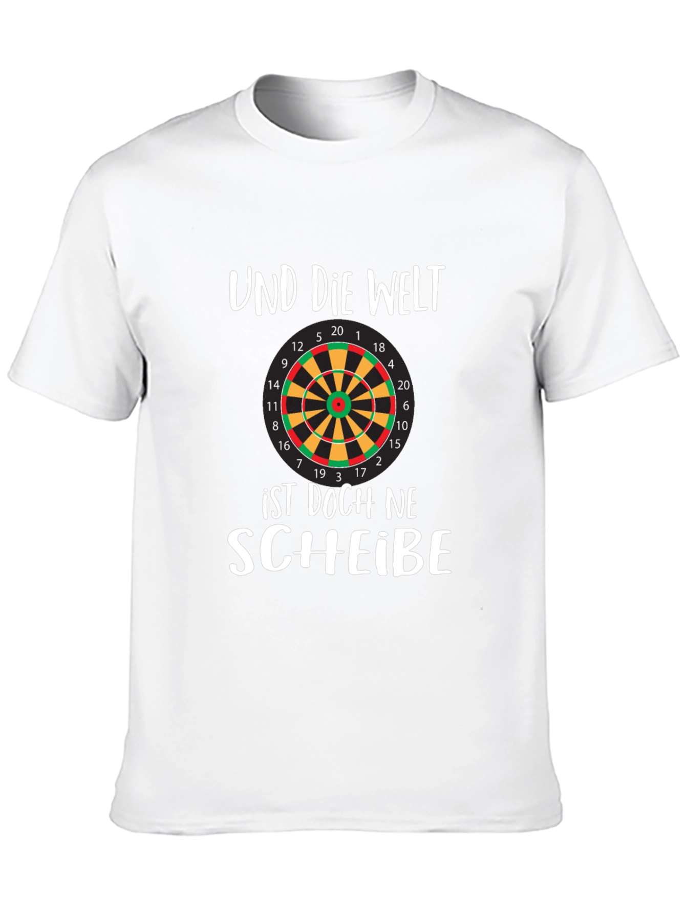 Black Humorous Dartboard T-Shirt - 'Und Die Welt' Design view 10
