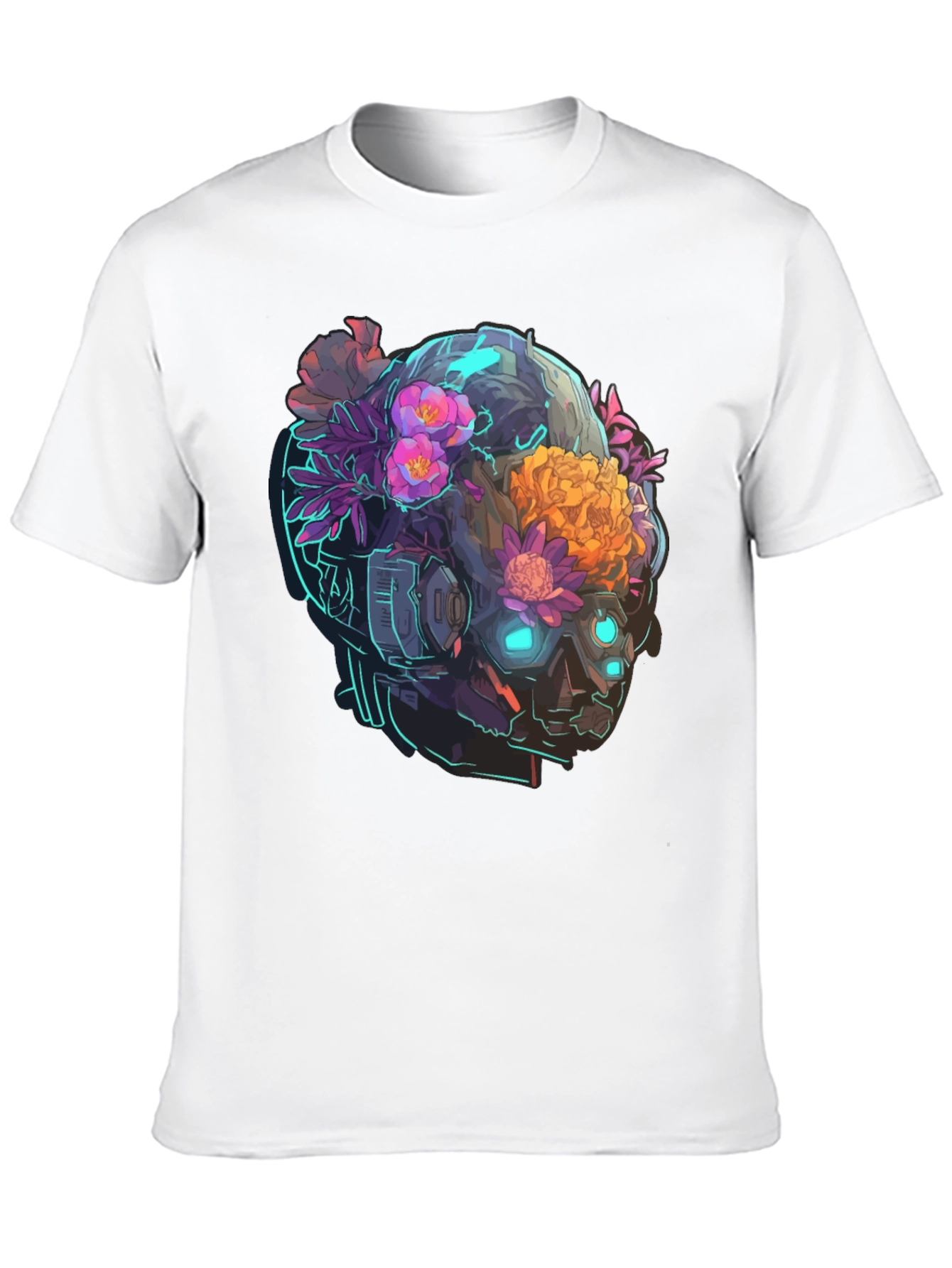 Black Floral Cyberpunk Skull T-Shirt - Unique Graphic Tee view 10