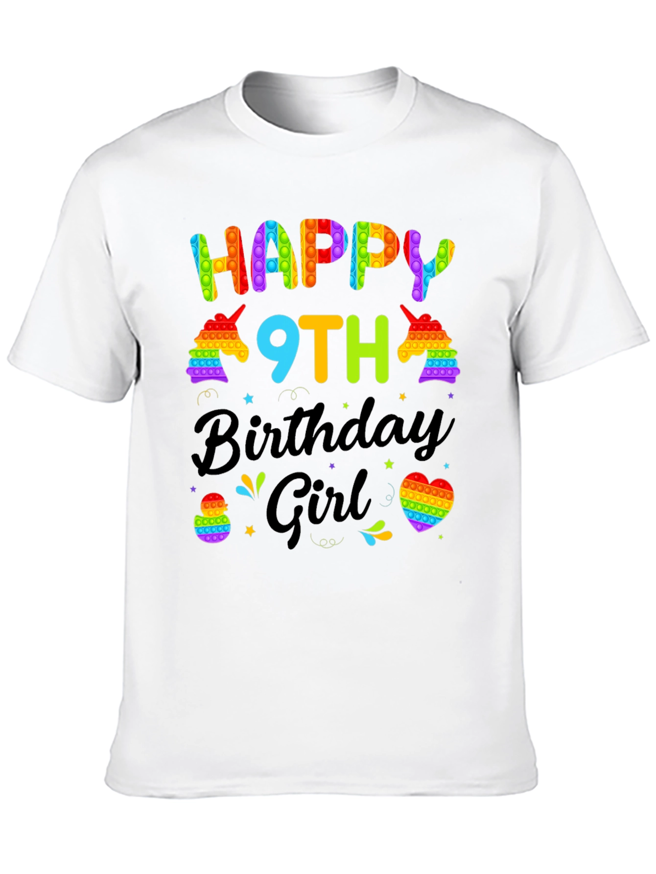 Black Happy 9th Birthday Girl T-Shirt - Pop It Unicorn view 10