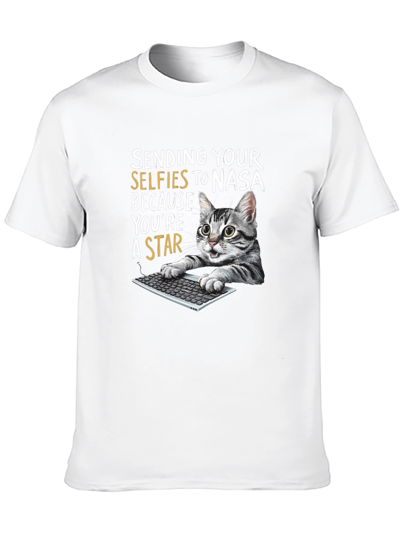 Black Funny Cat T-Shirt - Sending Selfies to NASA view 10