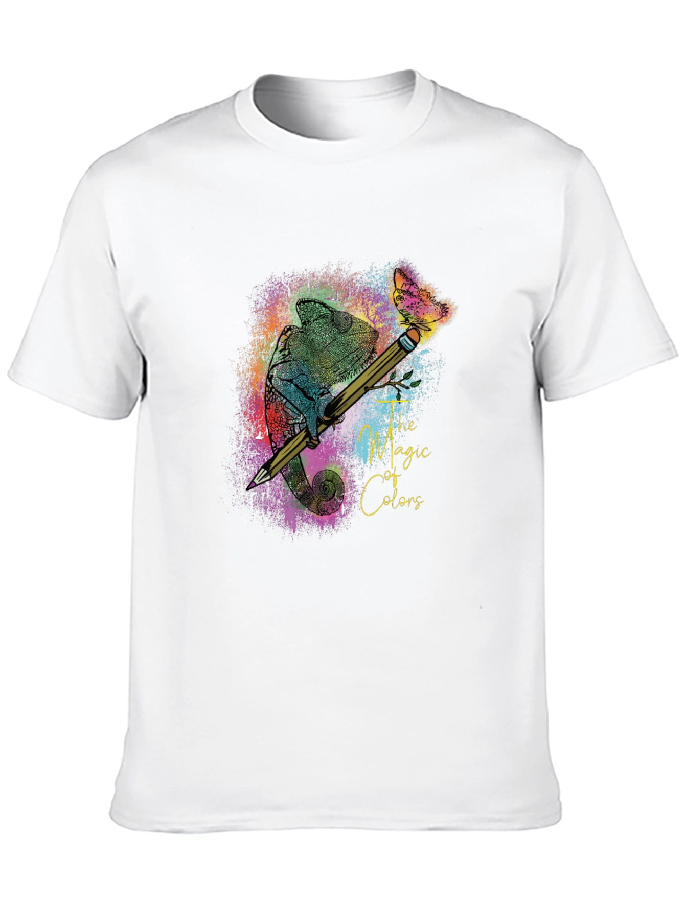 Black The Magic of Colors T-Shirt: Chameleon & Pencil Design view 10