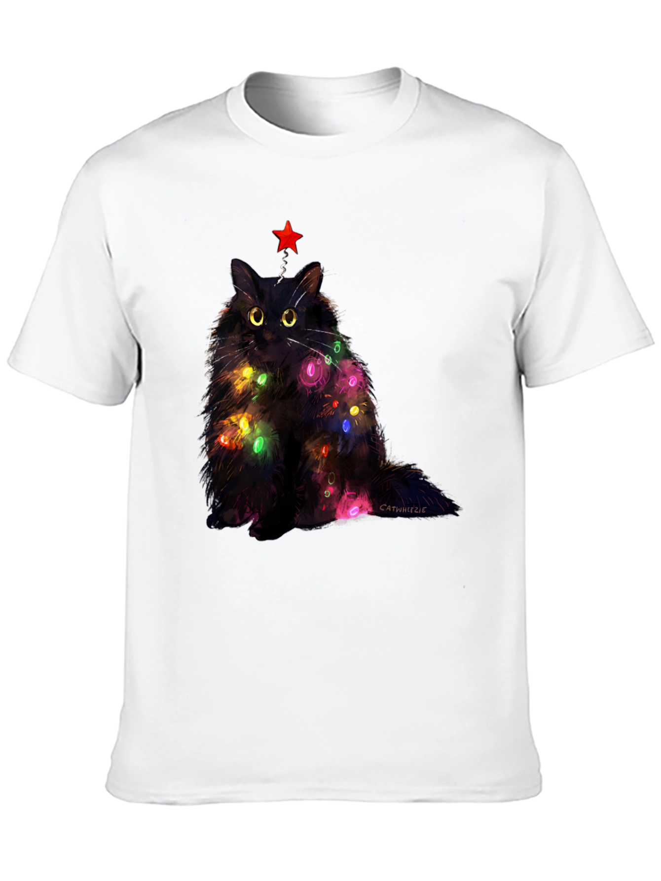 Black Festive Feline T-Shirt: Christmas Cat with Lights view 10