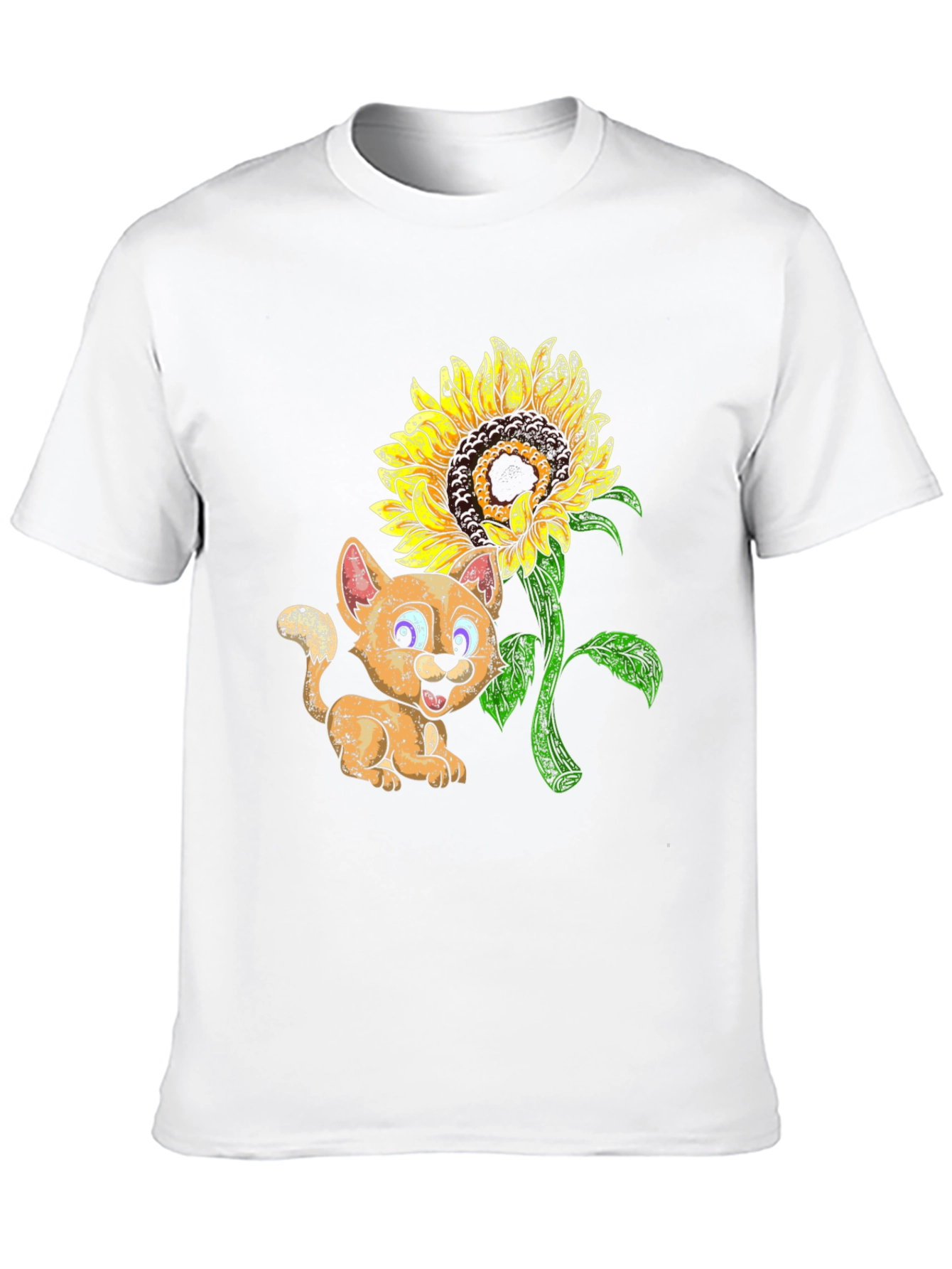 Black Cute Cartoon Cat & Sunflower Black T-Shirt view 10