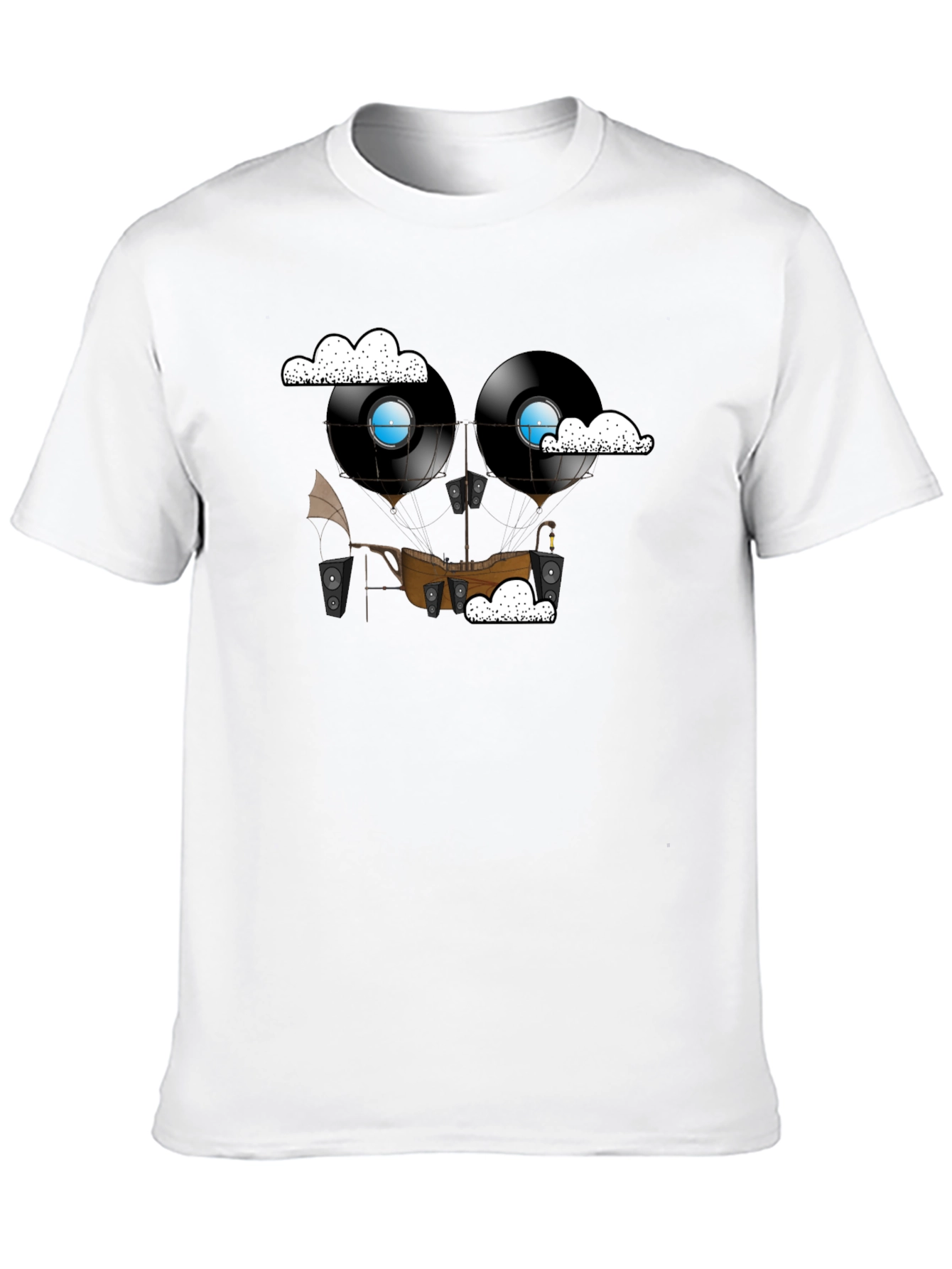 Black Steampunk Vinyl Record Airship Graphic Tee view 10