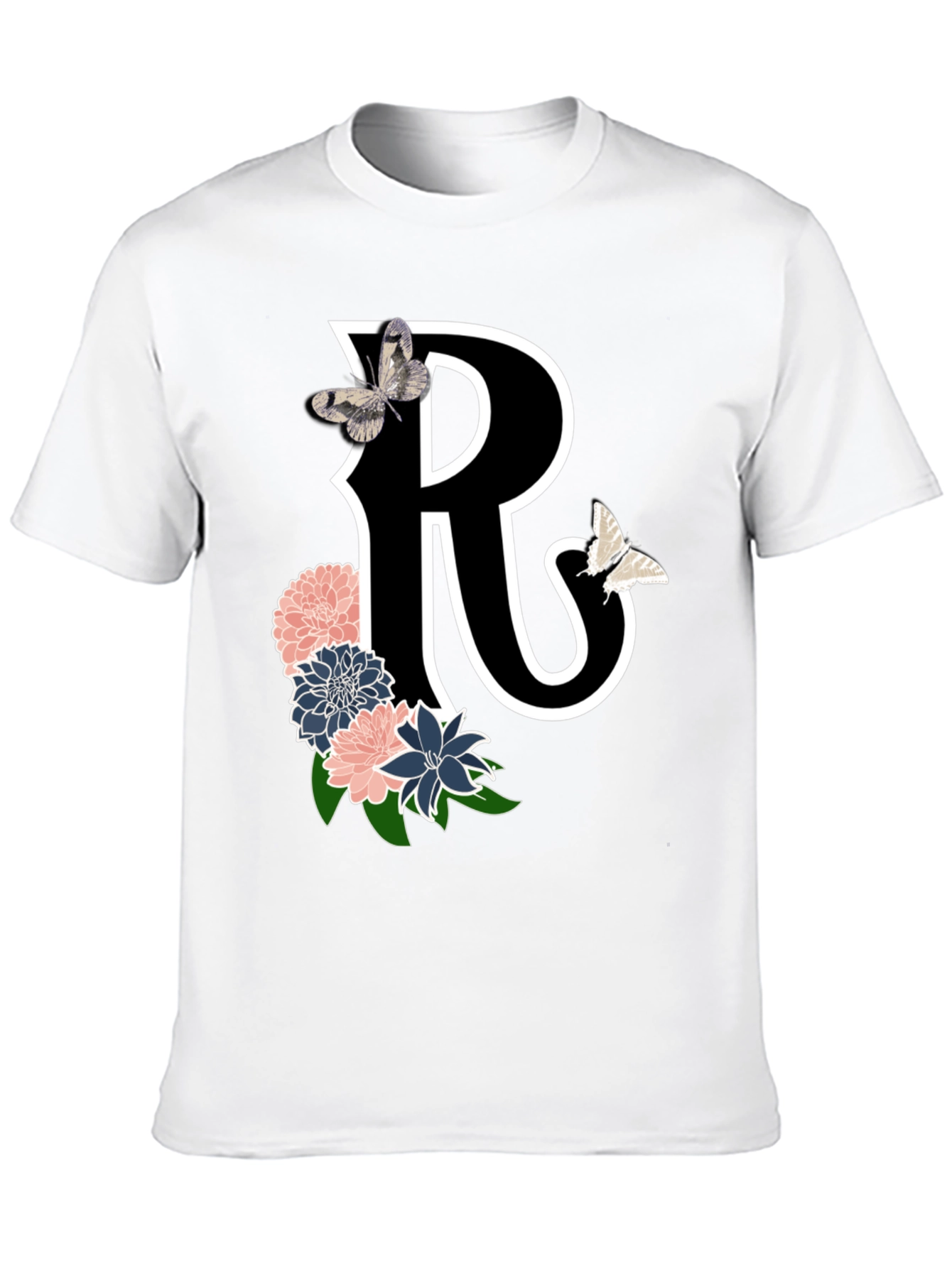 Black Letter R Floral Butterfly Black T-Shirt view 10