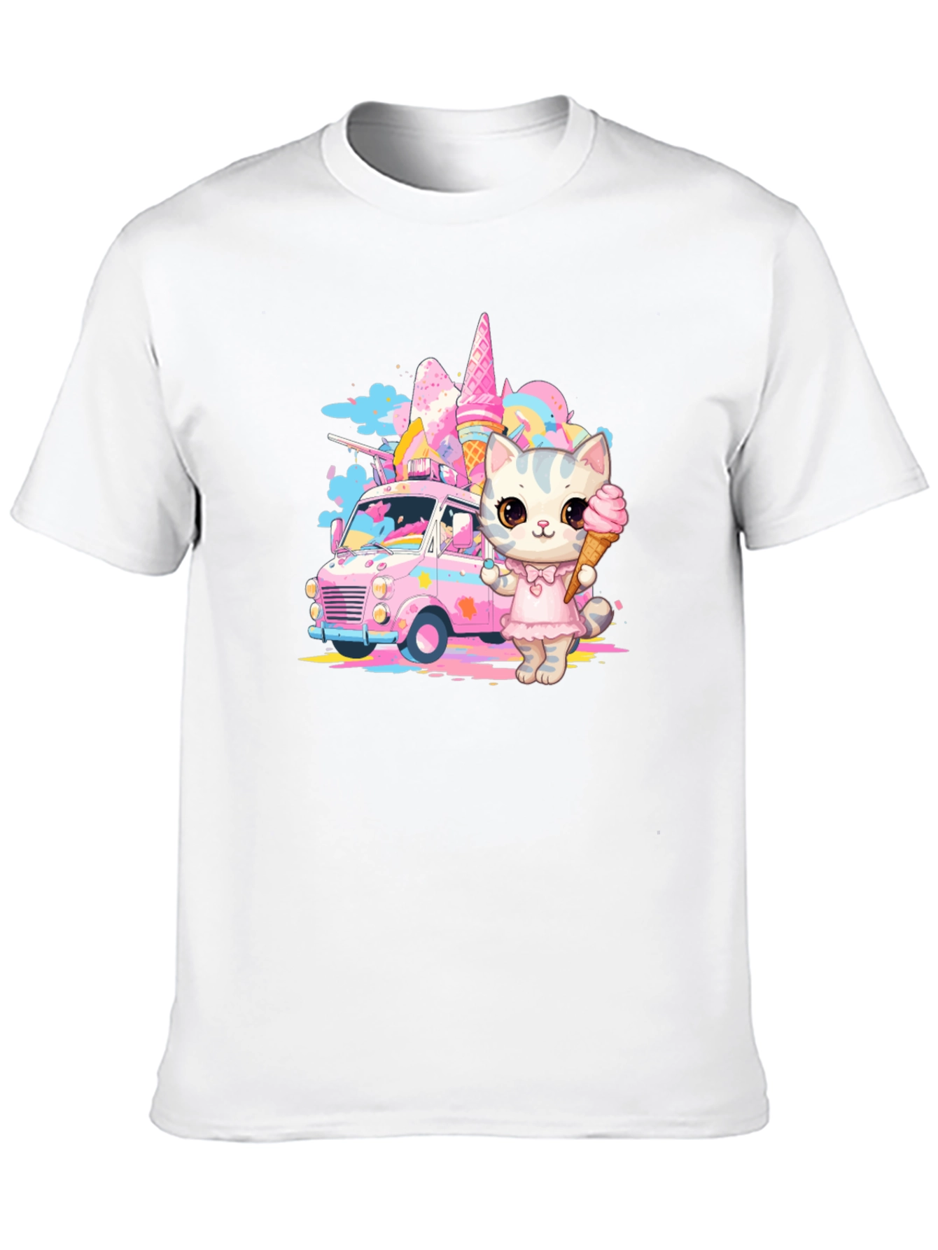Black Cute Cat Ice Cream Truck Graphic T-Shirt view 10