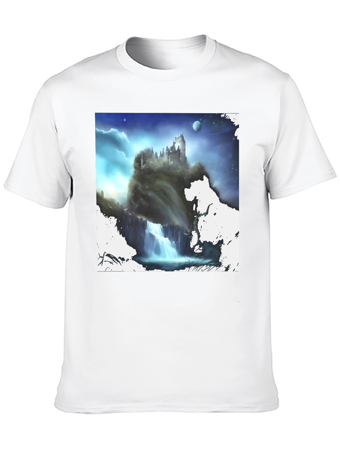 Black Fantasy Castle Waterfall Graphic Black T-Shirt view 10