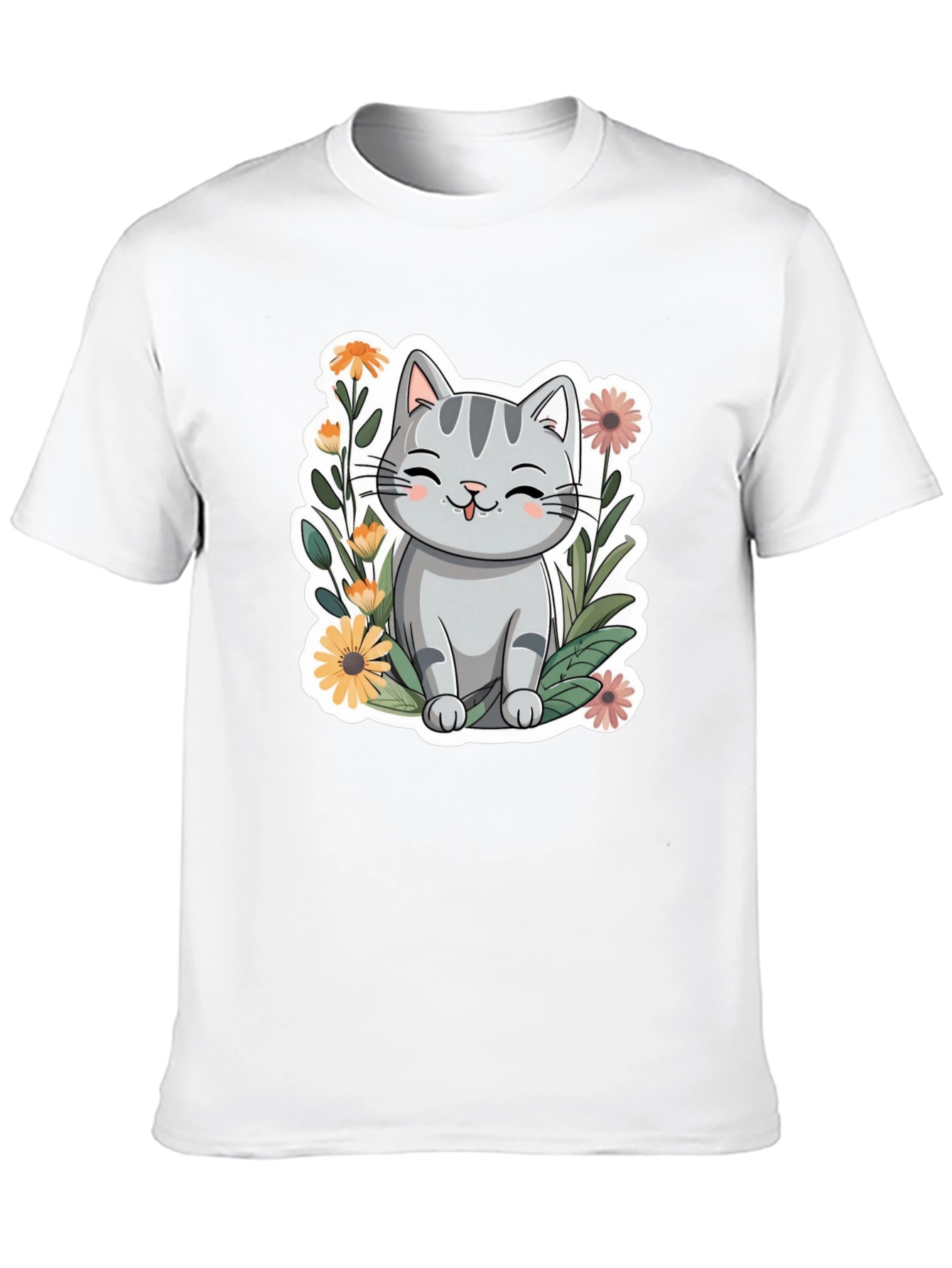 Black Cute Cat in Flowers Black T-Shirt view 10