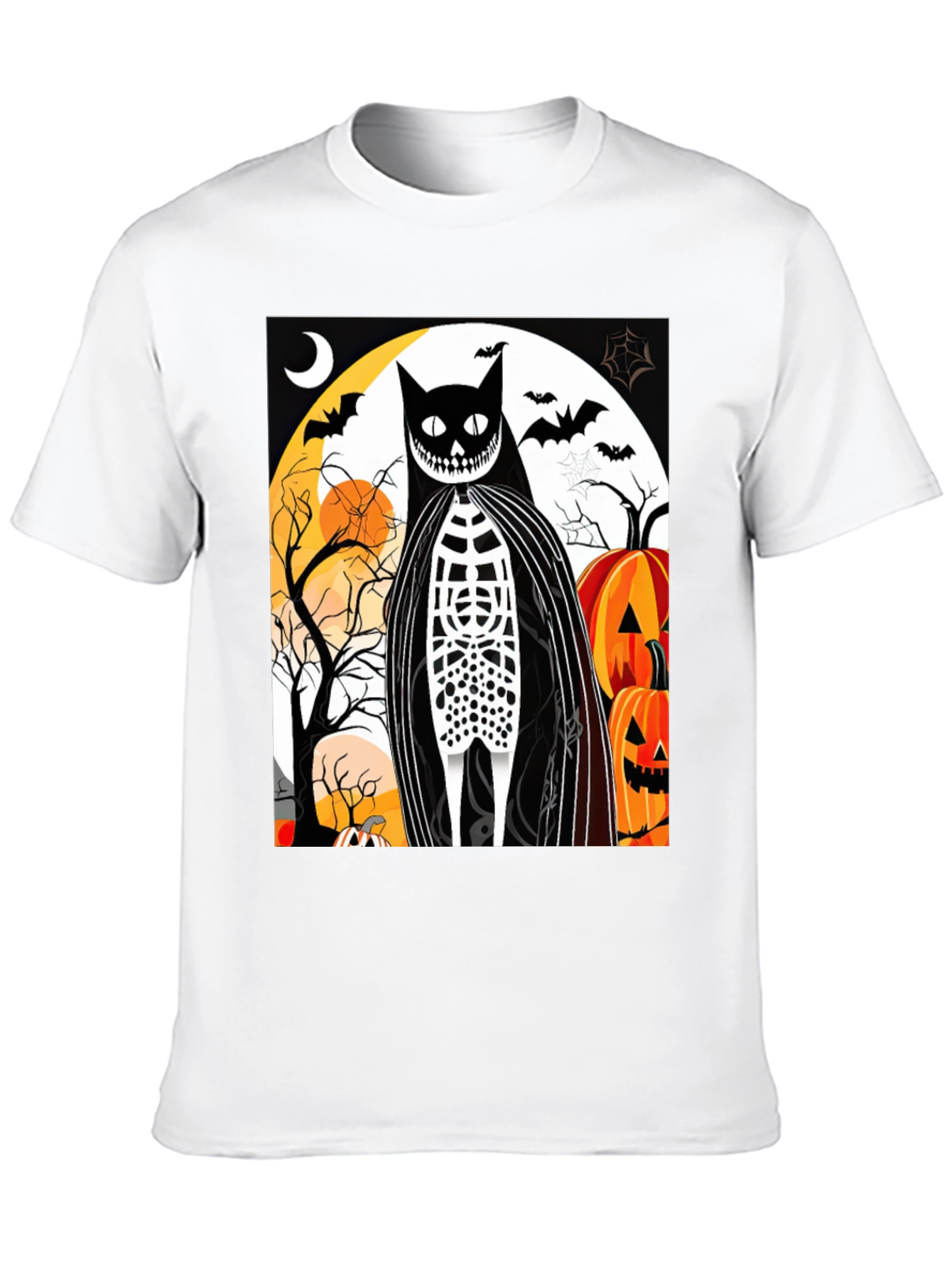 Black Halloween Cat Skeleton Graphic T-Shirt view 10