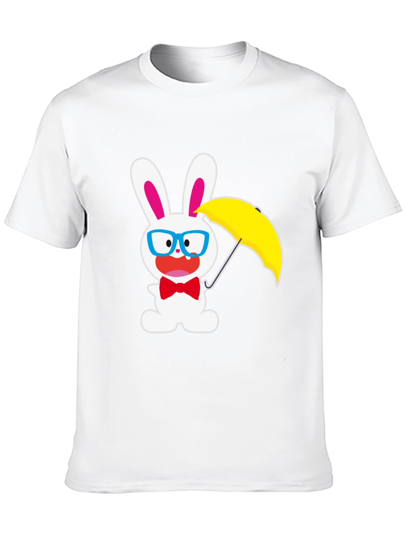 Black Funny Bunny T-Shirt: White Rabbit with Glasses & Umbrella view 10