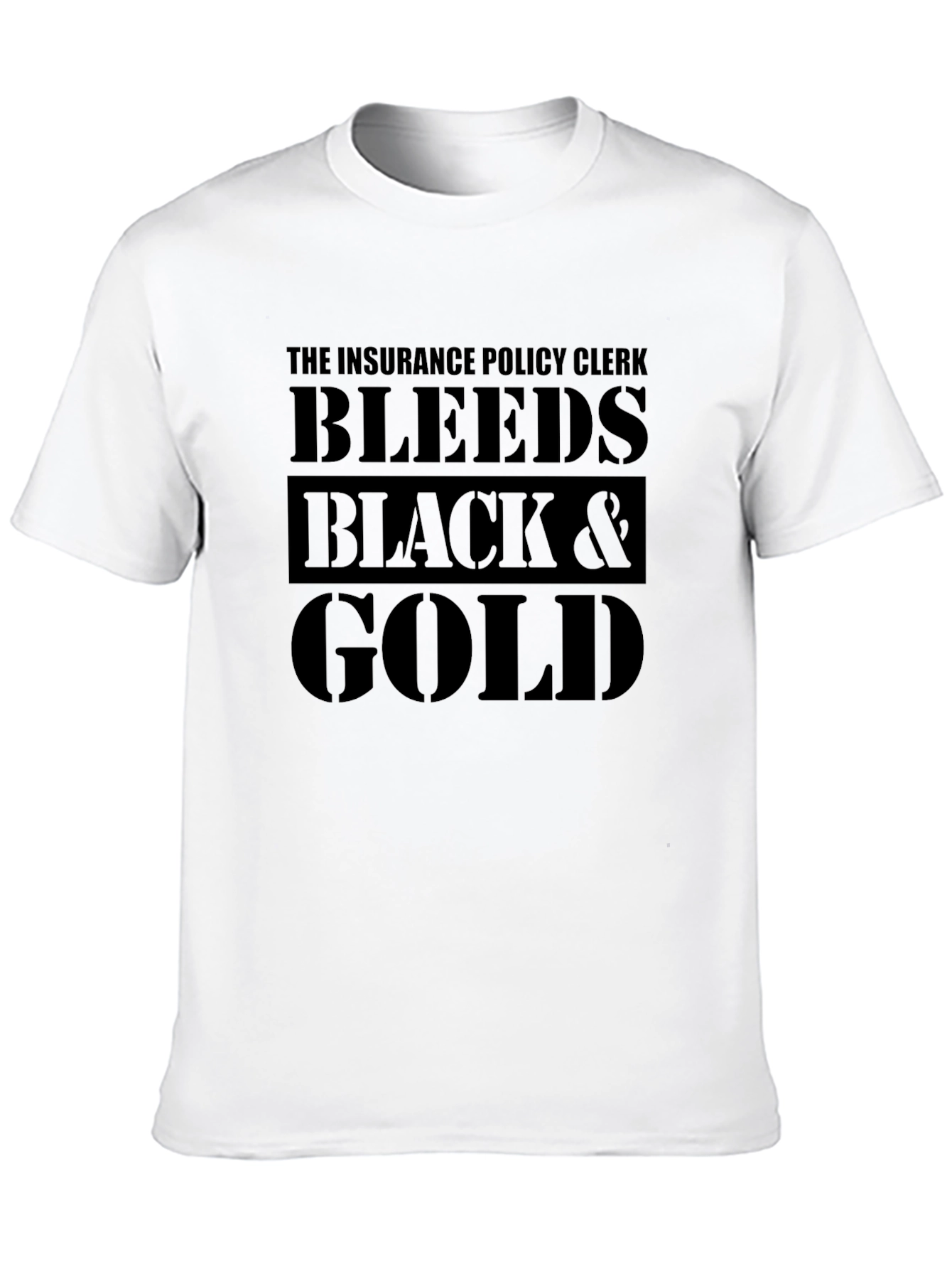 Black Insurance Policy Clerk Bleeds Black & Gold T-Shirt view 10