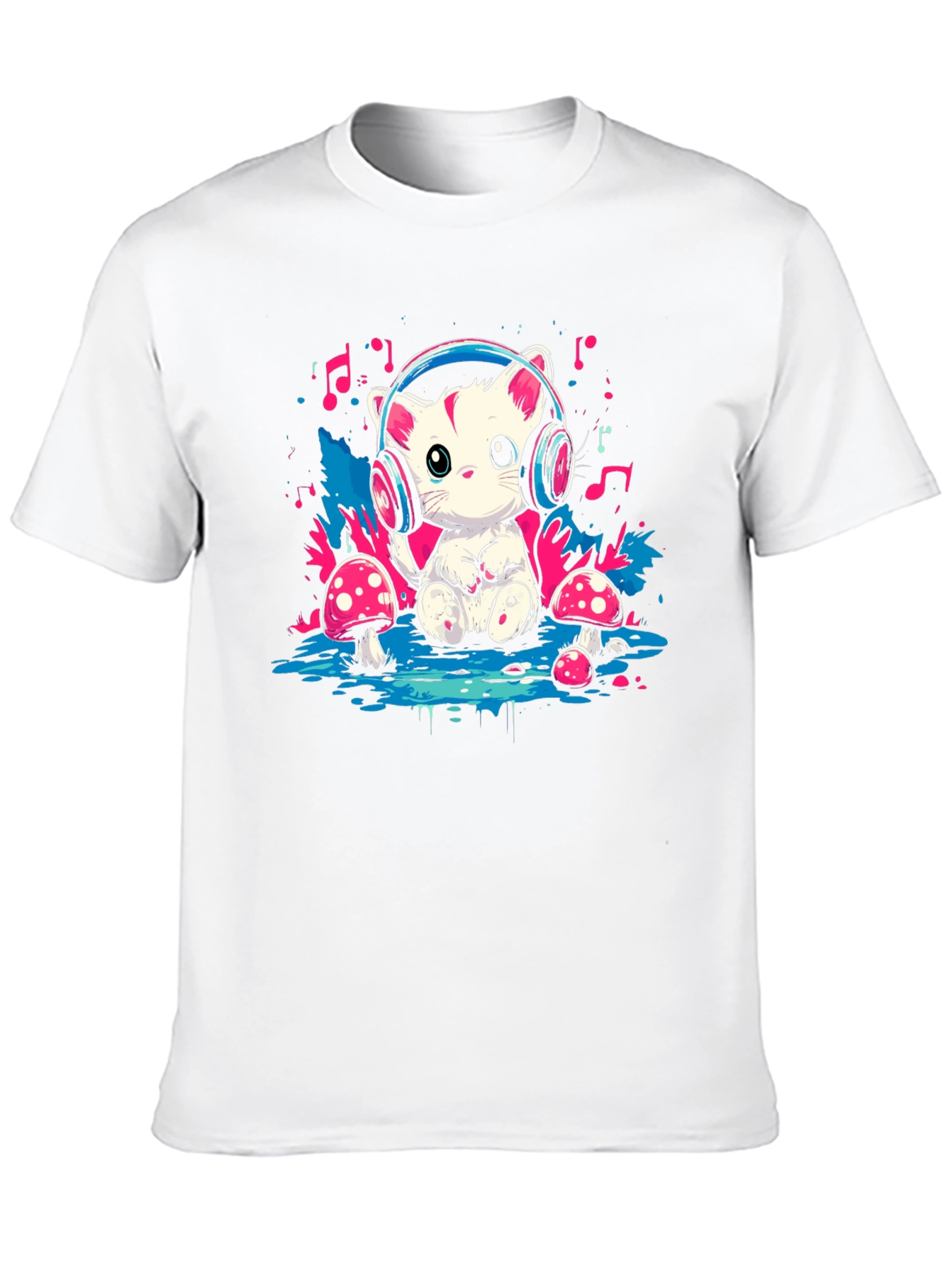 Black Cute Cat in Headphones Graphic T-Shirt view 10