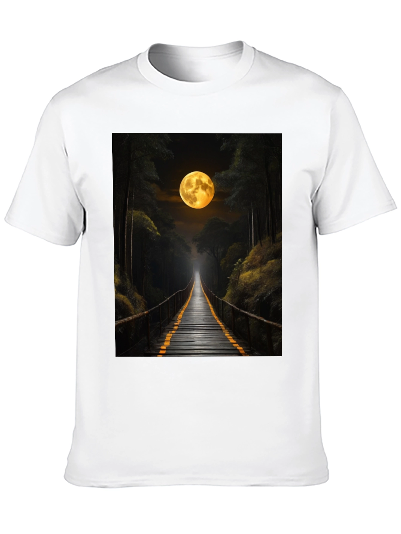 Black Moonlit Forest Bridge Graphic Tee view 10