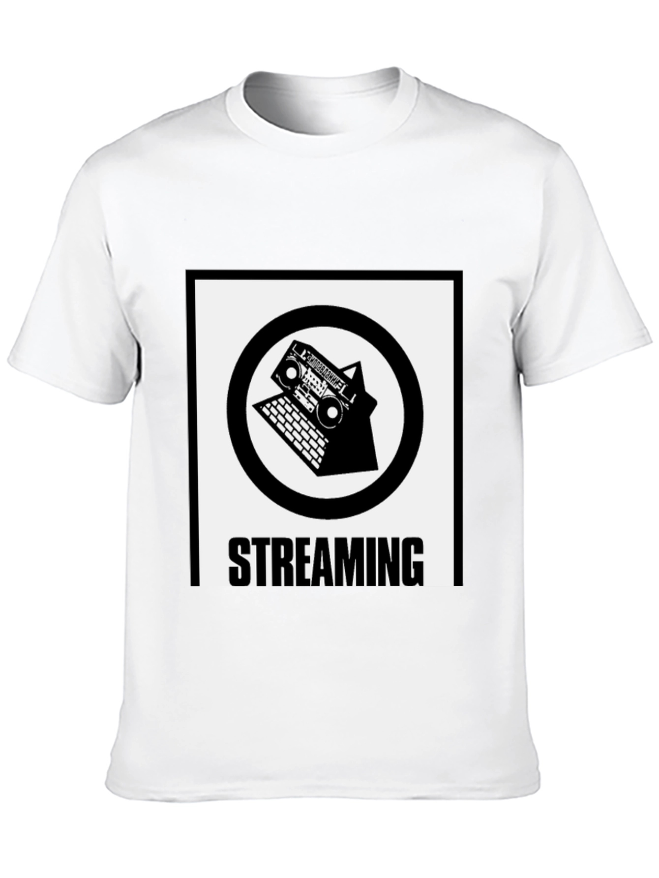 Black Streaming T-Shirt: Boombox & Laptop Design view 10