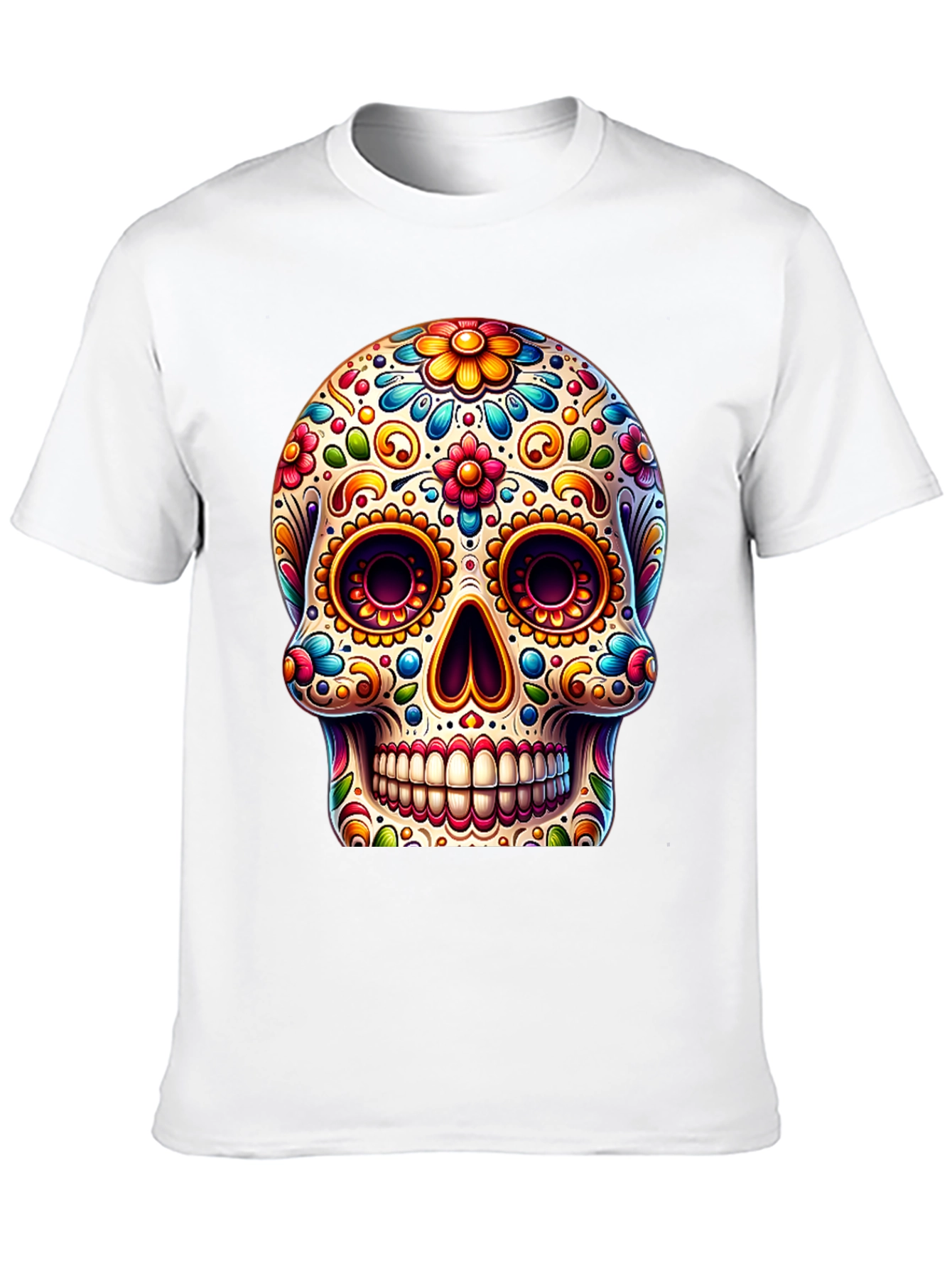Black Sugar Skull T-Shirt: Colorful Day of the Dead Design view 10