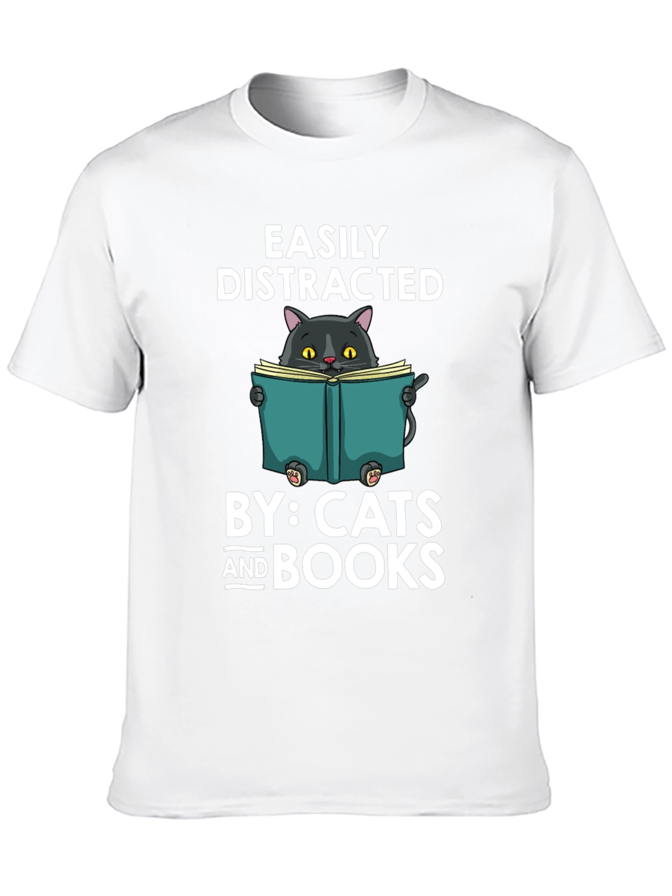Black Easily Distracted By Cats and Books T-Shirt view 10