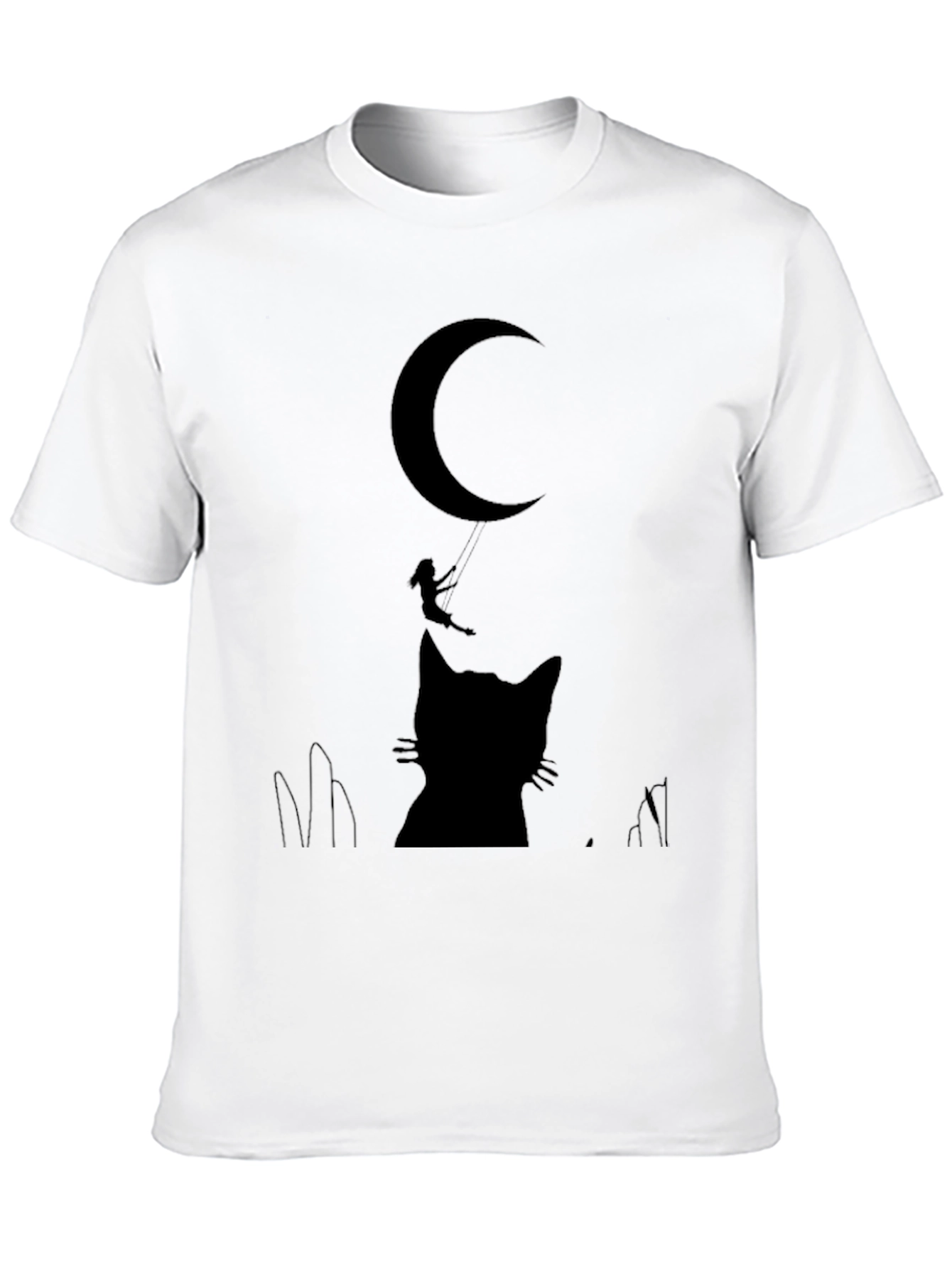 Black Whimsical Cat & Moon Graphic Tee - Black Cotton Blend view 10
