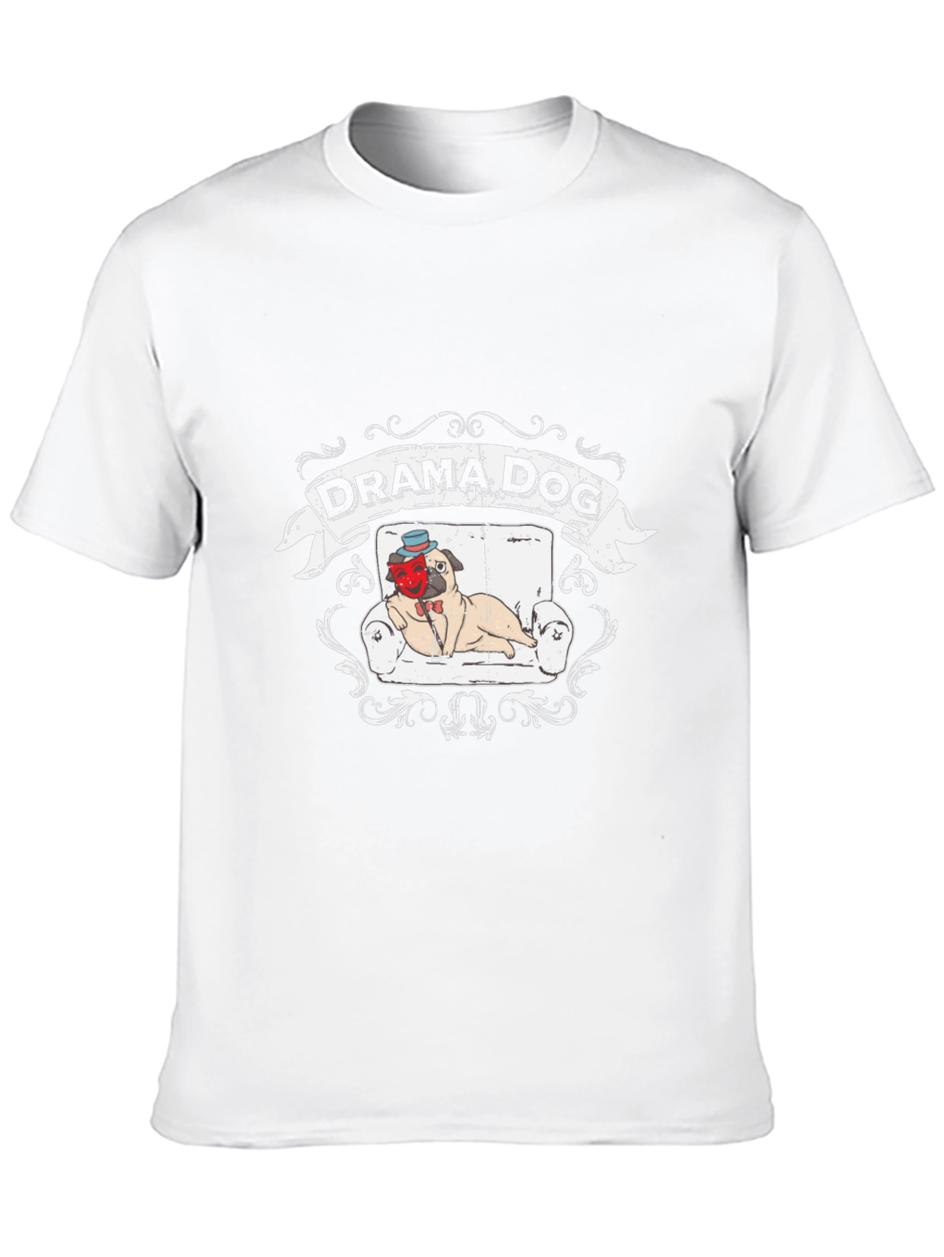 Black Drama Dog T-Shirt: Pug on Couch, Theatrical Design view 10