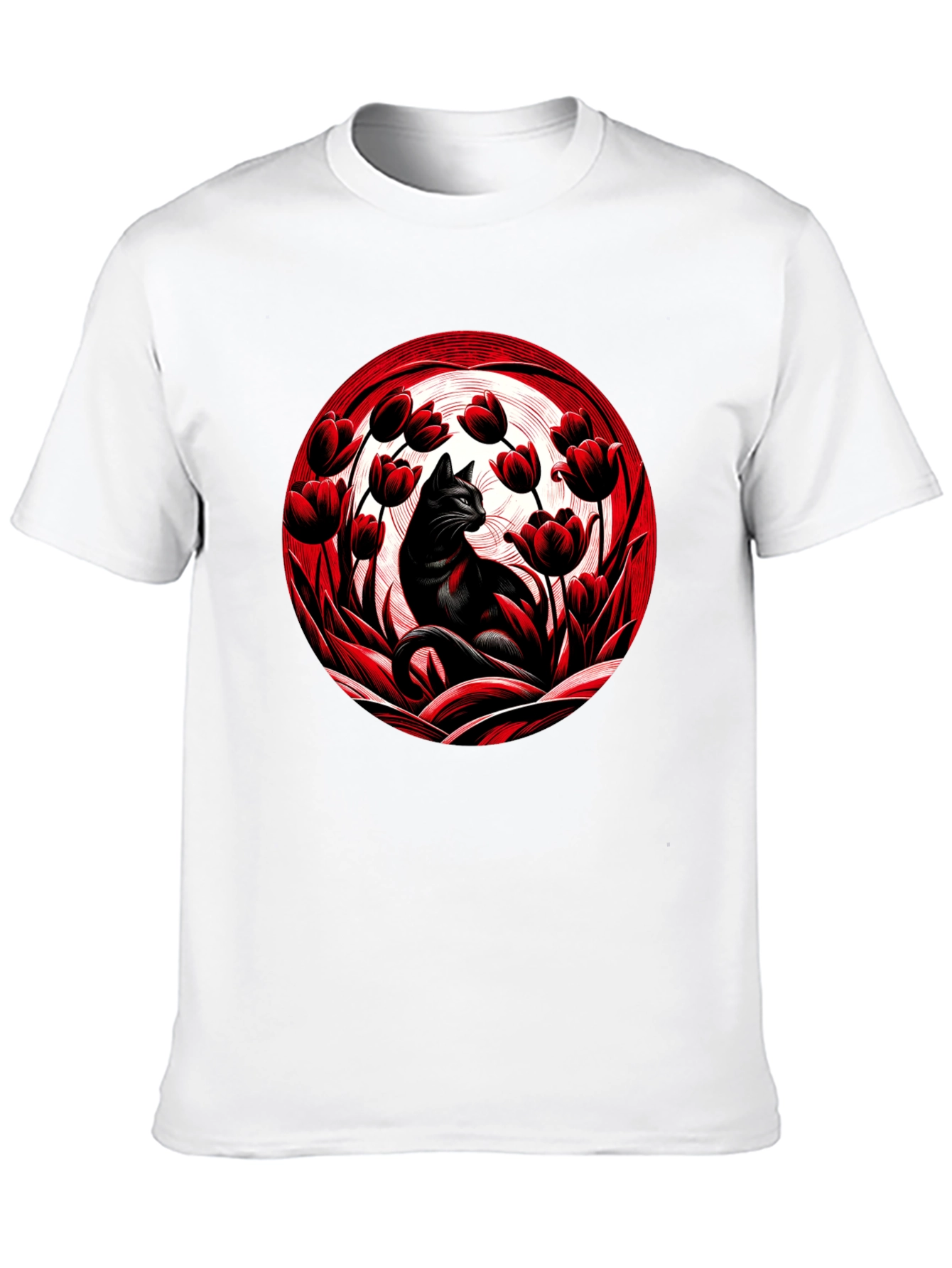 Black Black Cat in Red Tulips Graphic Tee view 10