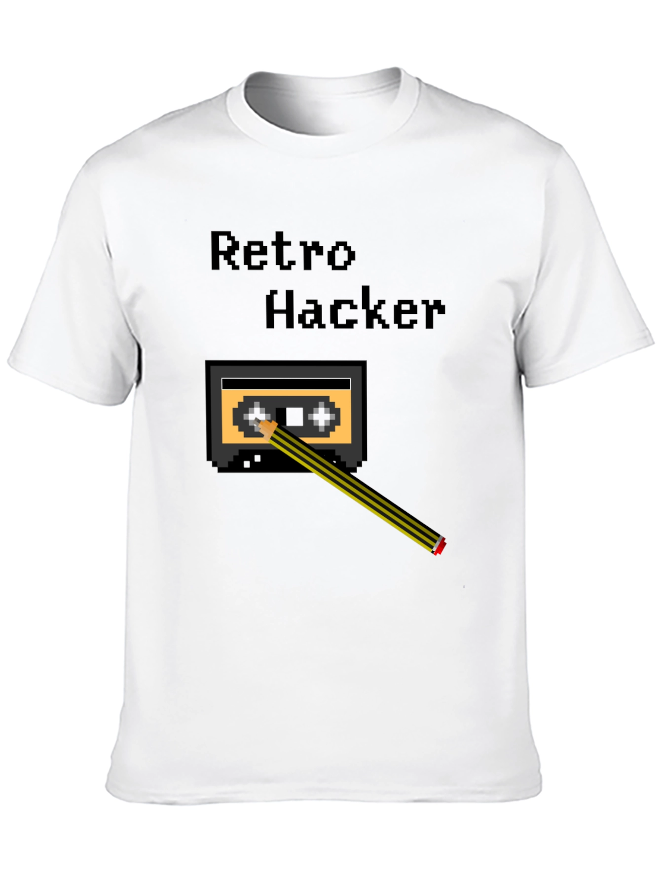 Black Retro Hacker Pixel Art T-Shirt - Cassette and Pencil Design view 10