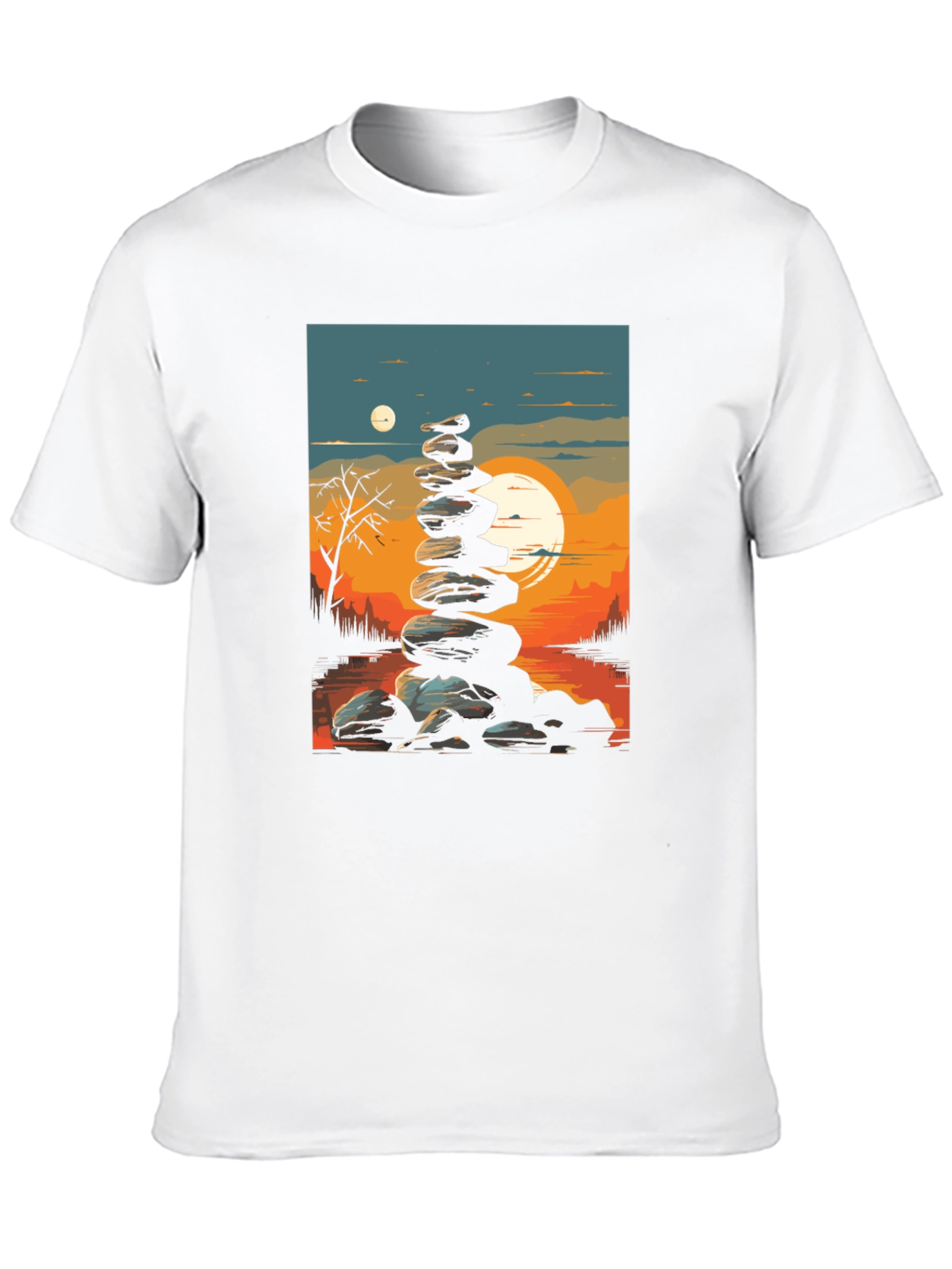 Black Zen Rock Stack T-Shirt - Sunset Landscape view 10