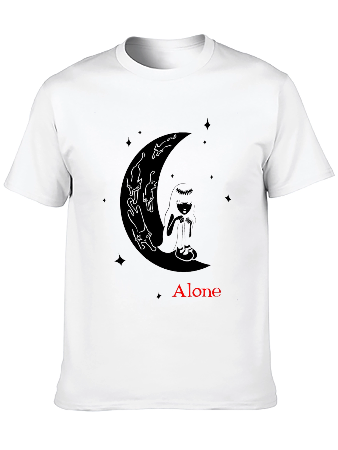 Black Alone Girl & Cats Moon Graphic Tee - Black view 10