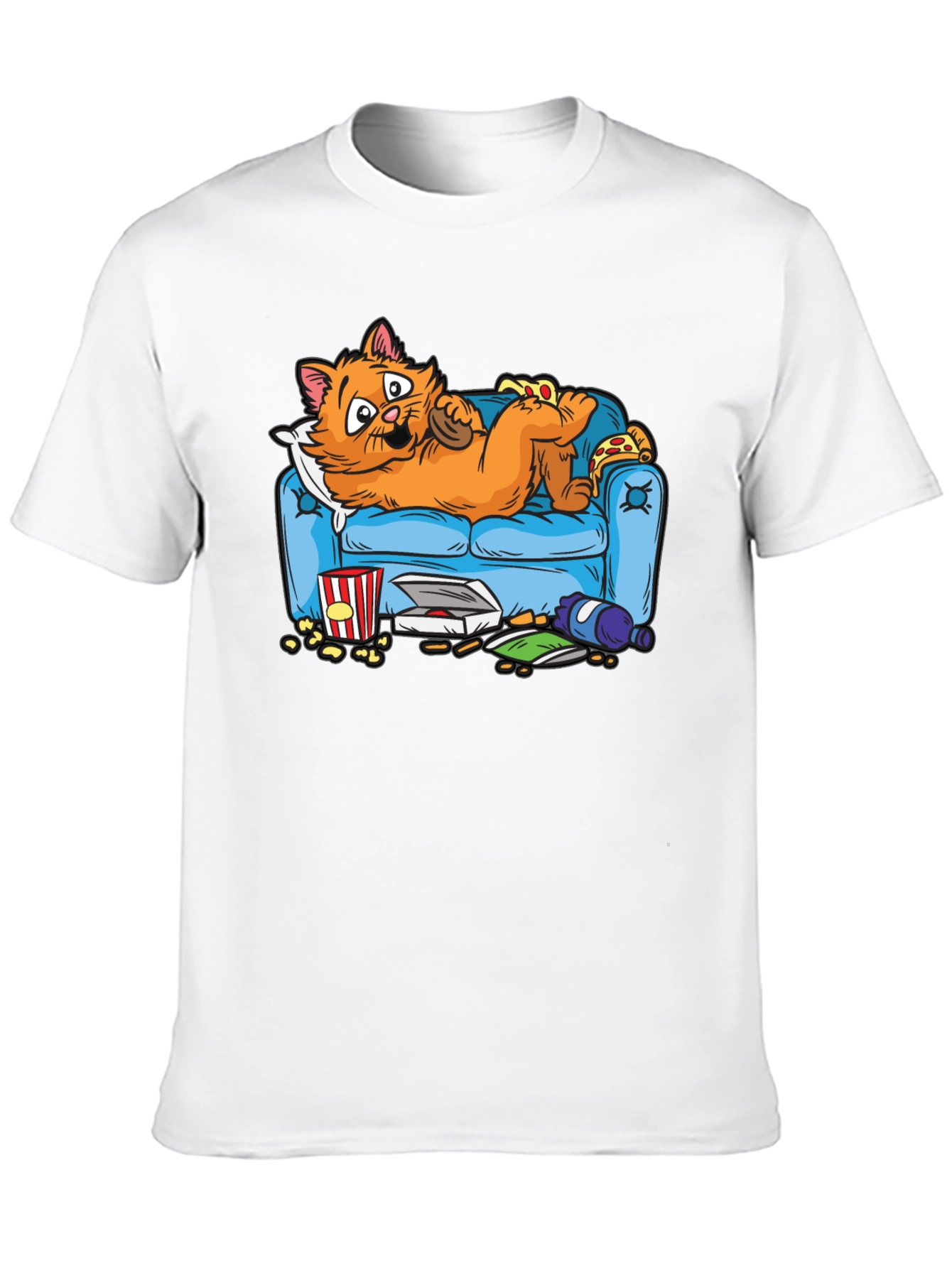 Black Funny Cat on Couch Men's T-Shirt - Pizza & Snacks! view 10