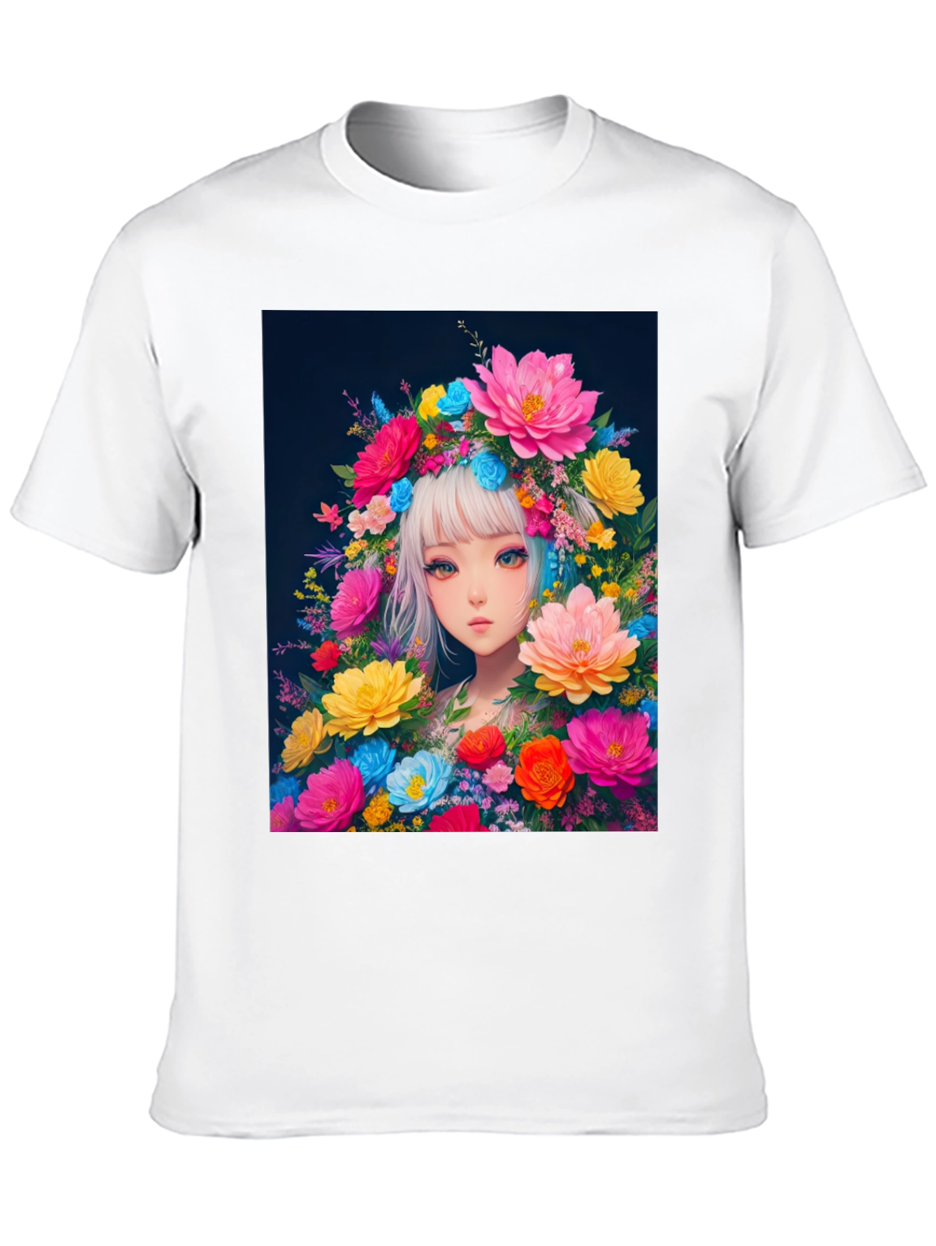 Black Floral Anime Girl Graphic Tee - Black Cotton T-Shirt view 10