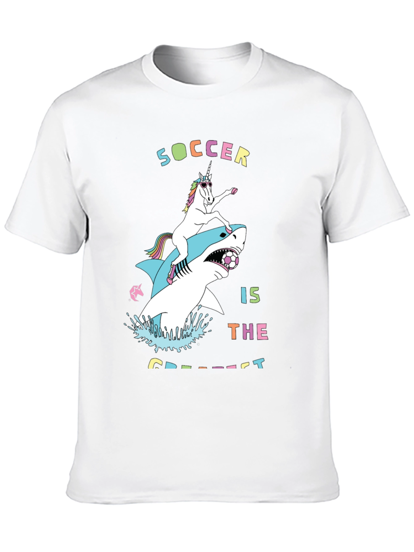 Black Unicorn Riding Shark Soccer T-Shirt view 10