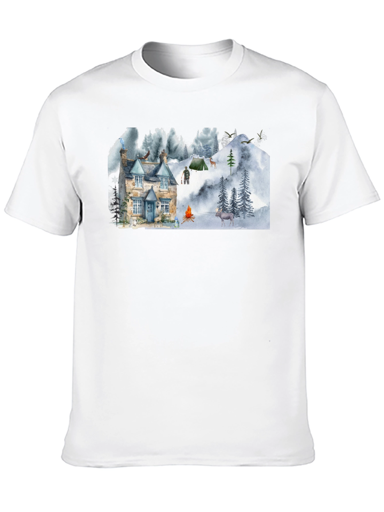 Black Cozy Cabin Mountain Scene Graphic T-Shirt view 10