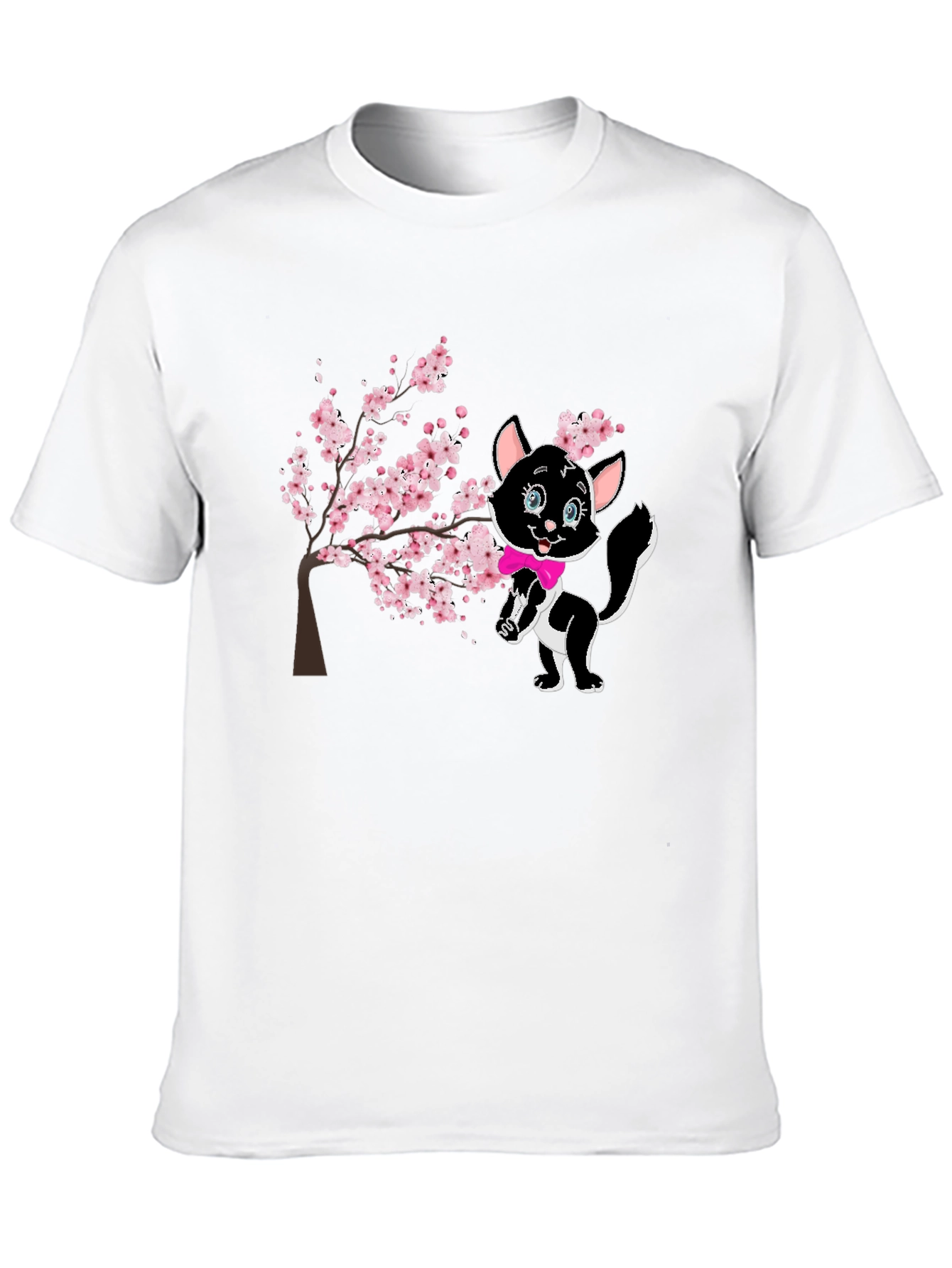 Black Cute Cat & Cherry Blossom Black T-Shirt view 10
