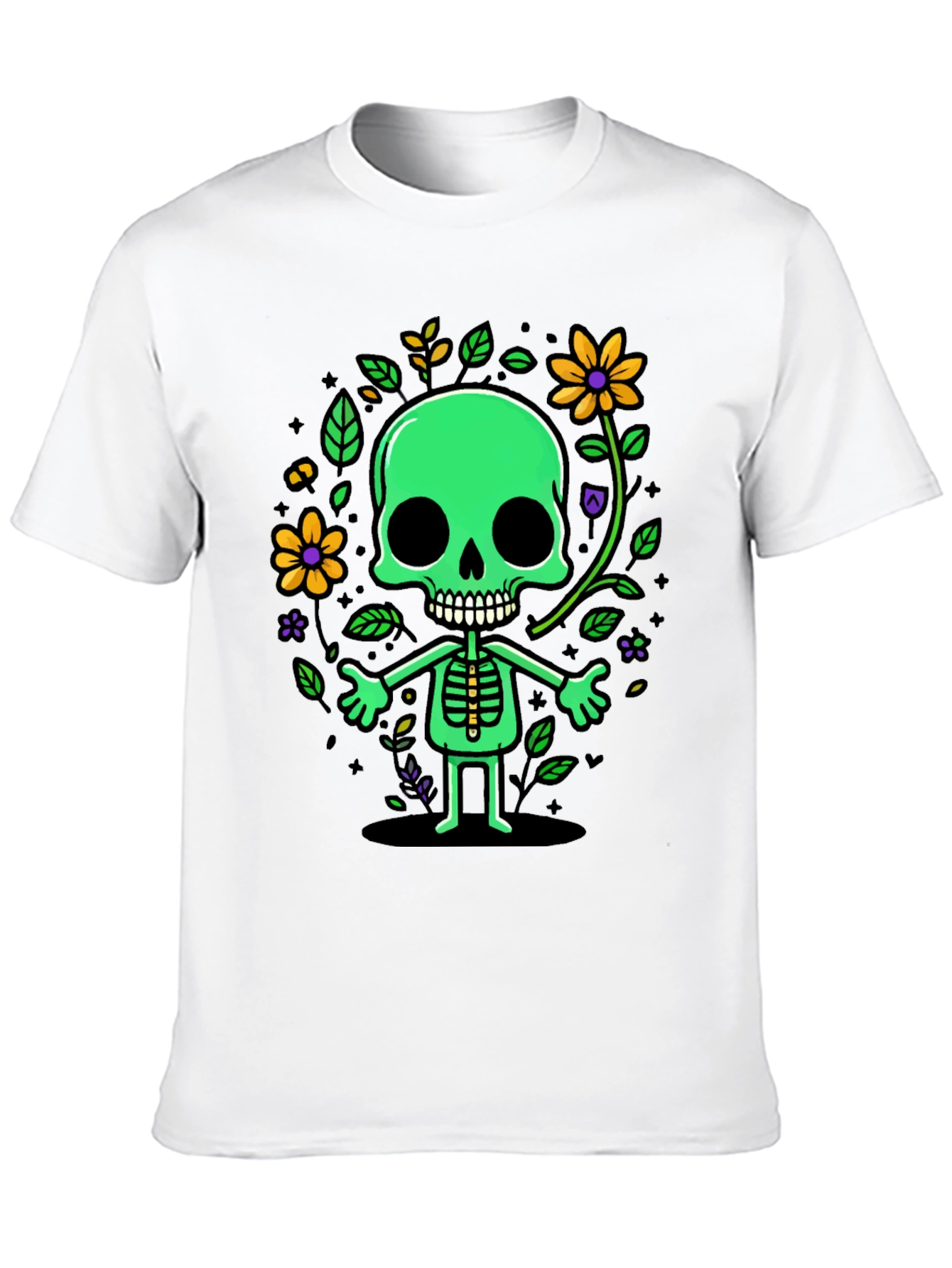 Black Green Floral Skeleton Graphic Tee view 10