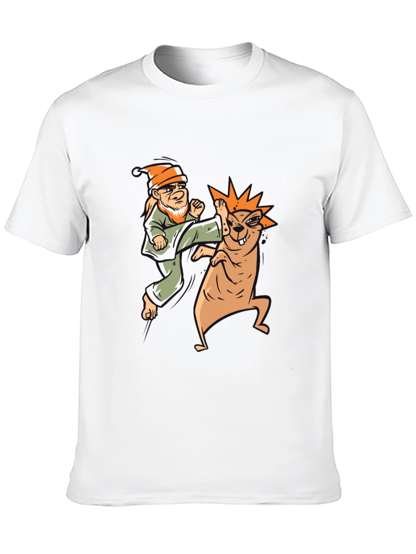 Black Funny Karate Gnome vs. Beaver Graphic T-Shirt view 10
