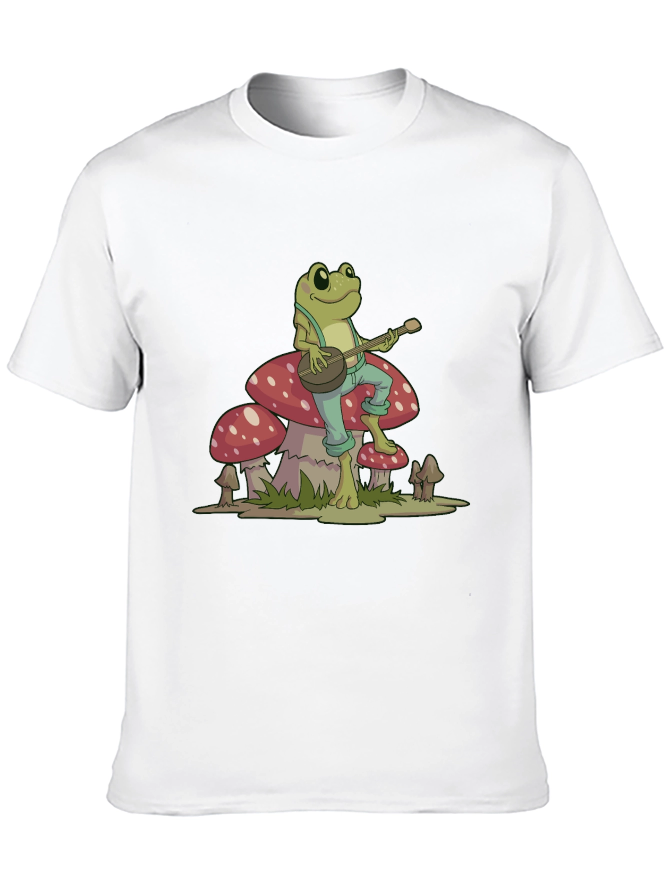 Black Frog Playing Banjo on Mushroom Graphic Tee view 10