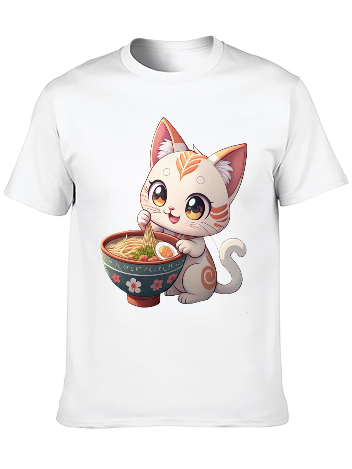 Black Cute Cat Ramen T-Shirt - Kawaii Kitten Eating Noodles Tee view 10